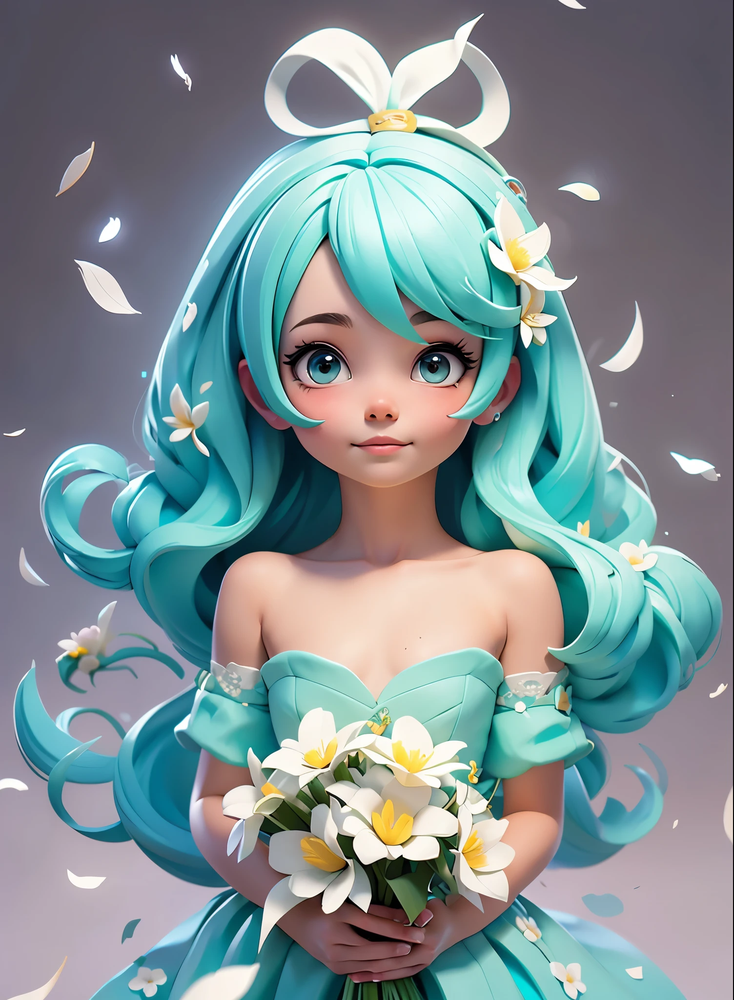 hatsune miku blue hair , Kagamine Rin yellow hair , White Wedding Dresses, long hair, flower hairpin, wedding bouquet wrapped in white paper, hand caressed hair, The effect of falling white petals, lily, big,