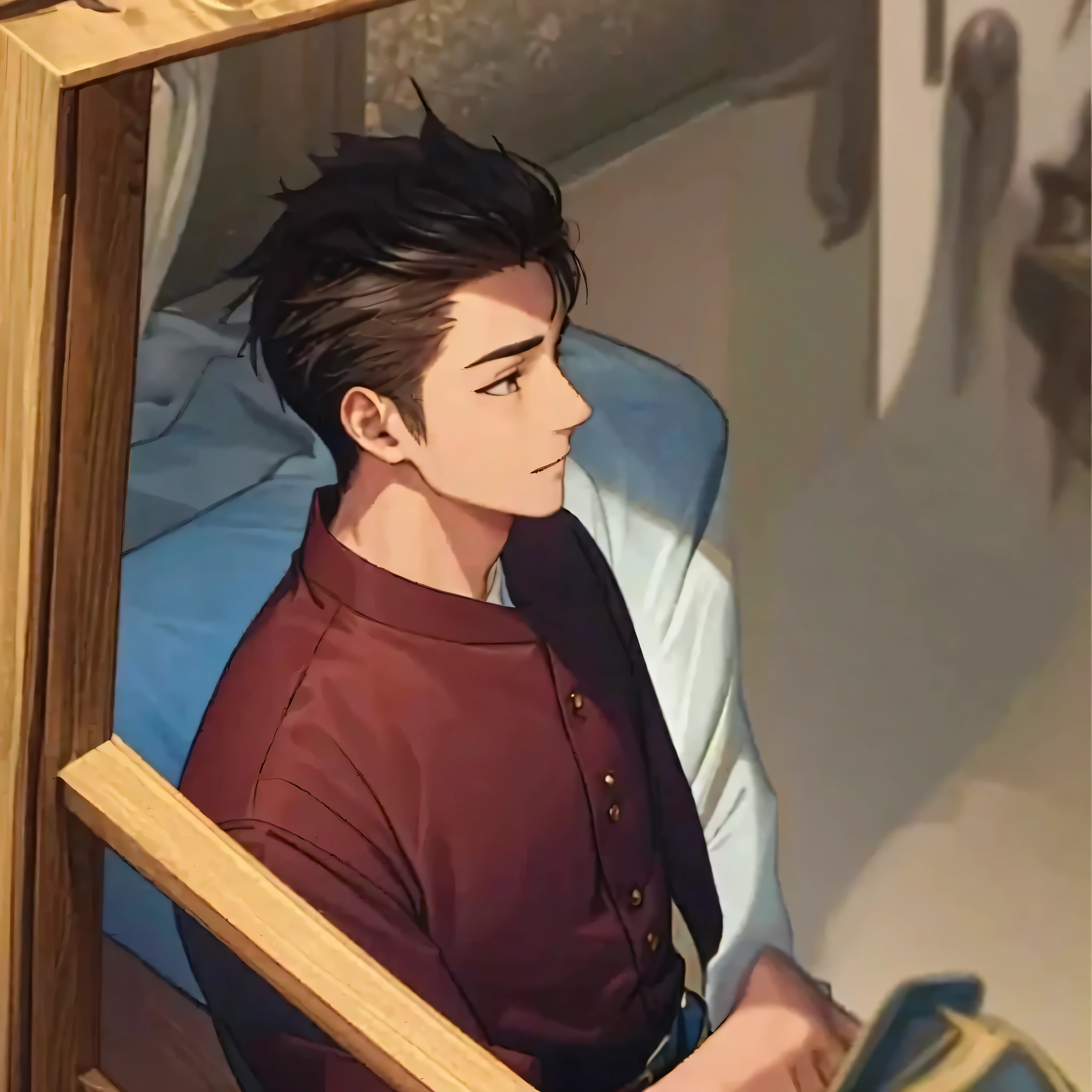 Cartoon young man sitting on bed looking at his mobile phone., A handsome young man who has the art of defeating demons.., Handsome anime boy, Handsome anime poses, Work of art in the style of gouache, Anime images of handsome young men, Male anime characters, beautiful androgynous prince, Inspired by Hisui Sugiura, Taisho Roman, The delicate androgynous prince, Chai Sake