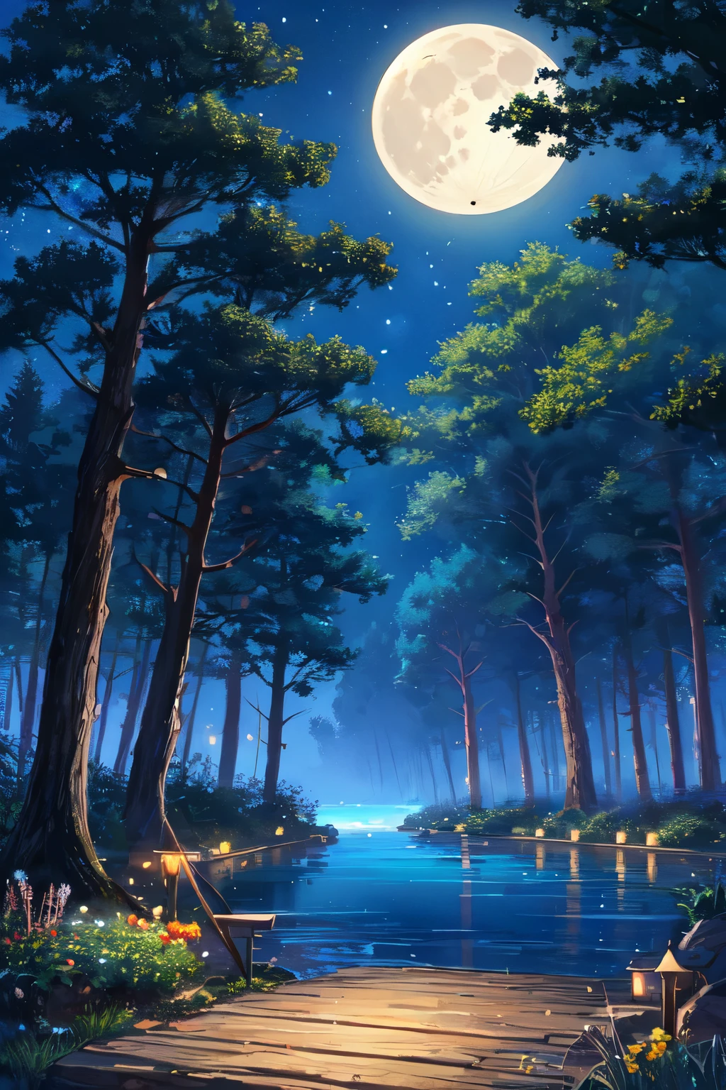 night view　The moon shines　forest　lake


