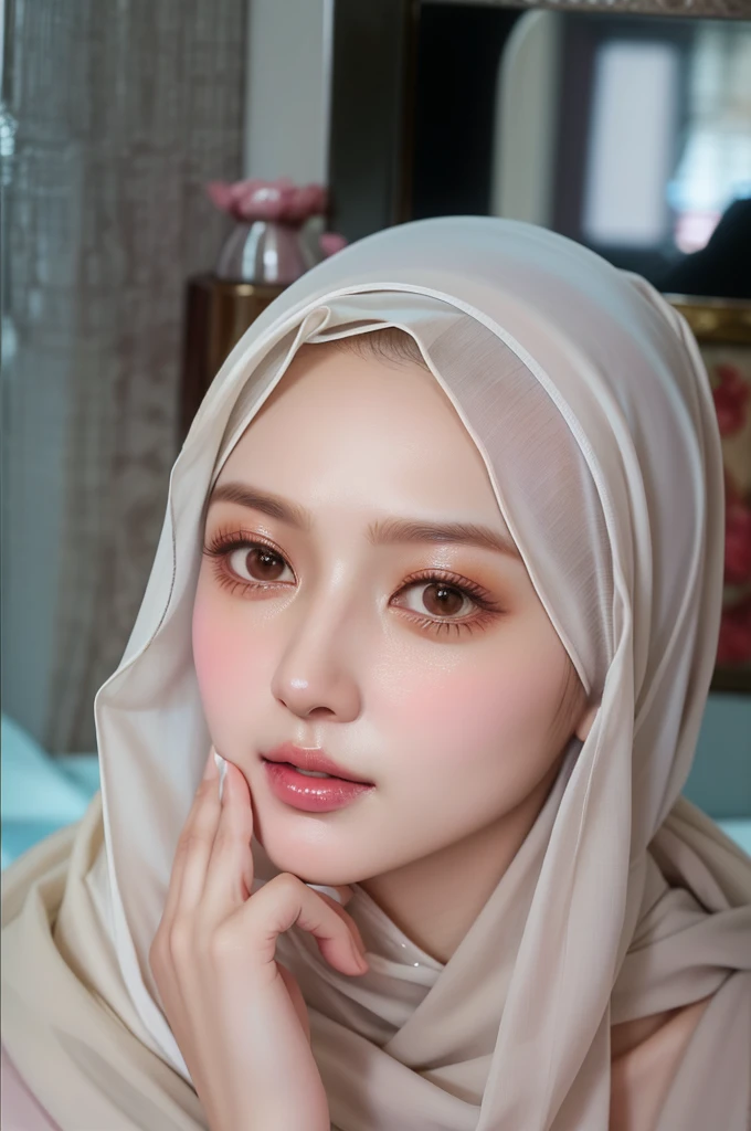 there is a woman wearing a headscarf and a scarf, milky white skin, with accurate face, beuatiful face, hijab, white hijab, close up potrait, asian face, beutiful face, clear lips and high quality, beautiful aesthetic face, clear cute face, beautiful eyes and face, lovely delicate face, with kind face, very pretty face