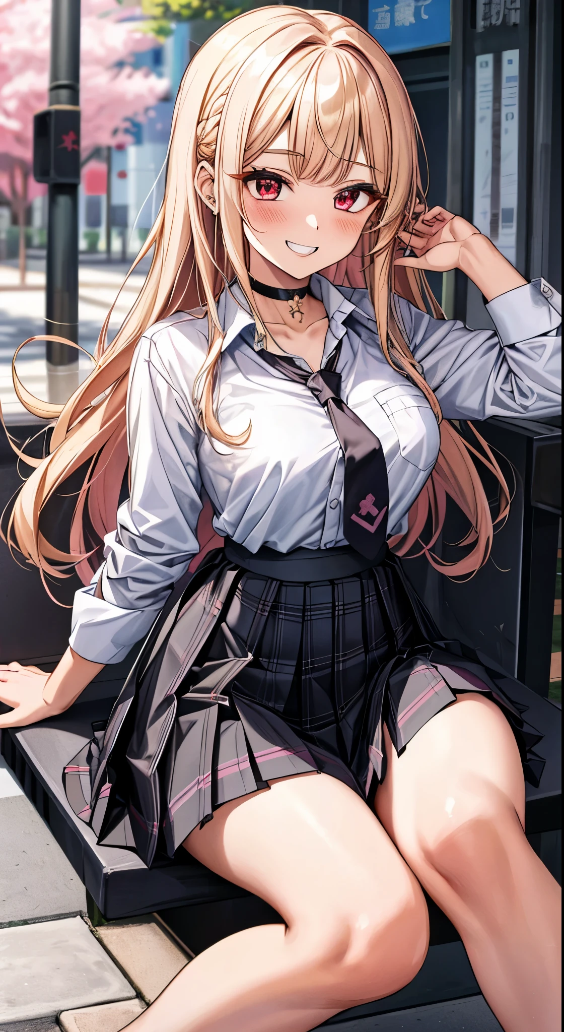 masterpiece, best quality, 1girl, long hair, bored, sitting, feet up, soles, forest bangs, black choker, black necktie, blonde hair, blue skirt, blush, bracelet, breasts, choker, clothes around waist, collarbone, collared shirt, cowboy shot, dress shirt, ear piercing, eyebrows visible through hair, gradient hair, grin, gyaru, jewelry, kogal, long hair, looking at viewer, loose necktie, necktie, piercing, plaid, plaid skirt, pleated skirt, red eyes, ring, school uniform, shirt, skirt, smile, solo, white shirt, street, sky, cherry blossoms, petals, 粉发，（比基尼）