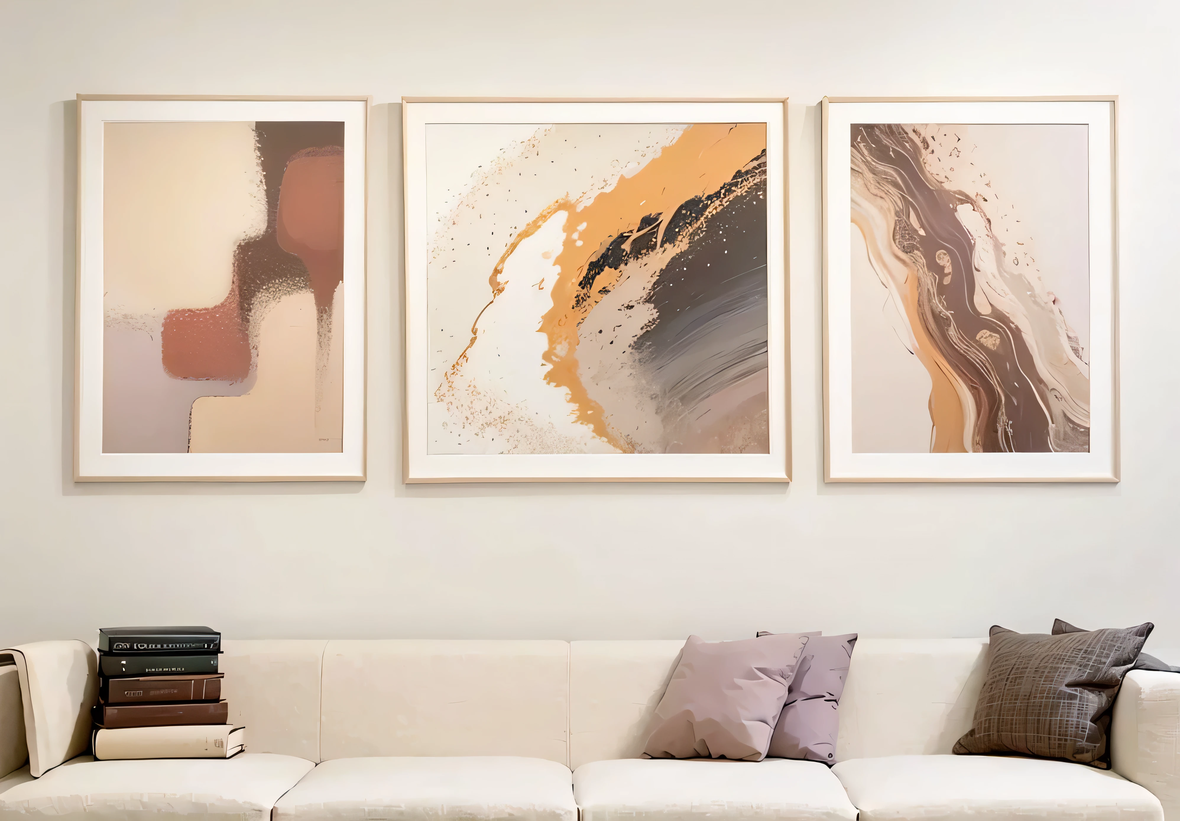 three framed paintings of a living room with a couch and a coffee table, abstract minimalism art painting, clean elegant painting, abstract minimalist painting, pastel simple art, elegant and refined painting, sand - colored walls, abstract liquid acrylic art, ultrafine detailed painting, art decoration, earth tones and soft color 1981, modern art style, high definition art