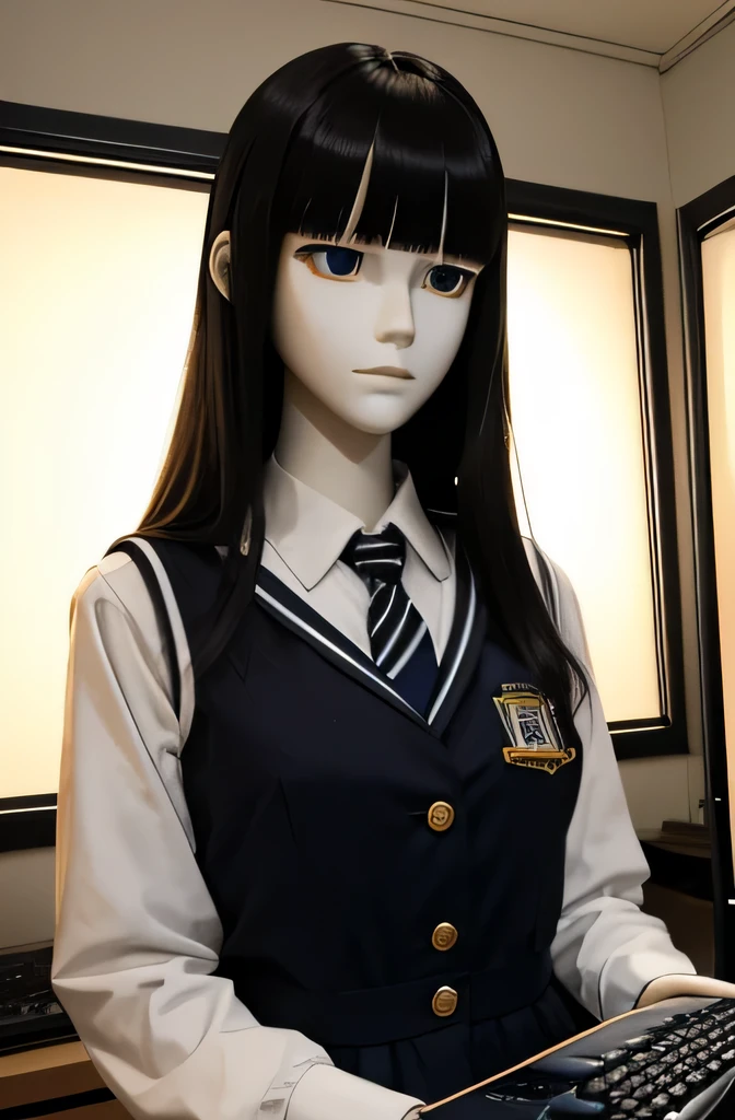 A mannequin is touching an old computer keyboard,that mannequin is beautiful,That mannequin is Chihiro Anai.,That mannequin is 25 years old.,The height of the mannequin is 165cm,mannequin color'my face is white.,mannequin color'The body is pure white.,The mannequin has black hair(bangs),mannequin color'eyes are black.,mannequin is wearing a girl'high school uniform.