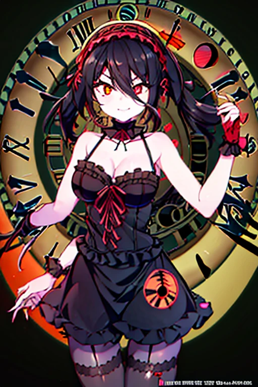 kurumitokisaki, tokisaki kurumi, (clock eyes:1.5), black hair, long hair, twintails, (hair over one eye:1.3), (red eyes:1.5), (big breast:1.4), smug smile, gothic, pantyhose, black pantyhose, (cowboy shot:1.5),(masterpiece:1.2), best quality, high resolution, unity 8k wallpaper, (illustration:0.8), (beautiful detailed eyes:1.6), extremely detailed face, perfect lighting, extremely detailed CG, (perfect hands, perfect anatomy), cute