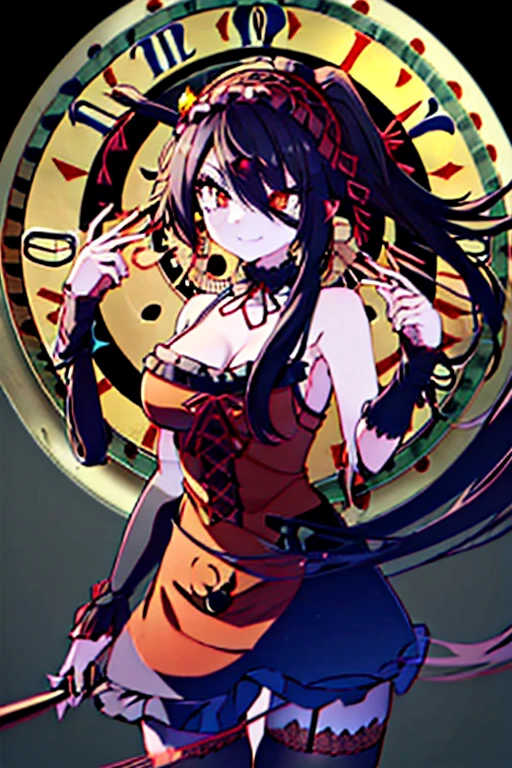 kurumitokisaki, tokisaki kurumi, (clock eyes:1.5), black hair, long hair, twintails, (hair over one eye:1.3), (red eyes:1.5), (big breast:1.4), smug smile, gothic, pantyhose, black pantyhose, (cowboy shot:1.5),(masterpiece:1.2), best quality, high resolution, unity 8k wallpaper, (illustration:0.8), (beautiful detailed eyes:1.6), extremely detailed face, perfect lighting, extremely detailed CG, (perfect hands, perfect anatomy), cute