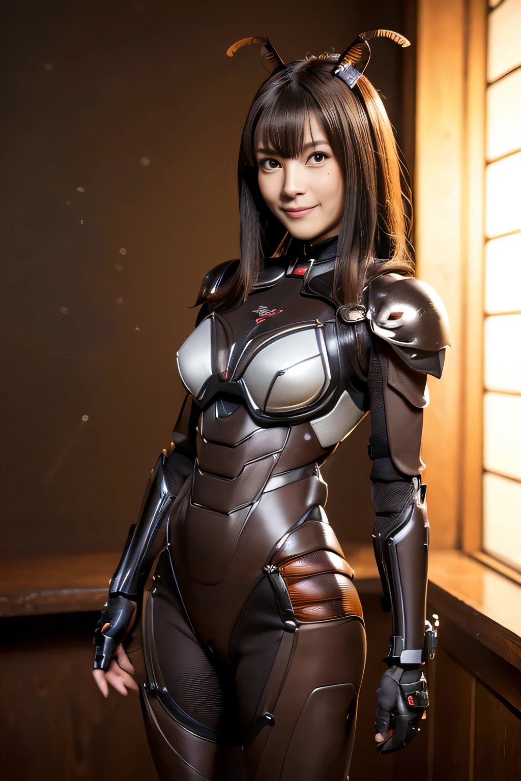 (High resolution,masterpiece,highest quality,Very detailed CG, anime, official art:1.4), realistic, photograph, amazing detail, all complicated, luster and luster,great many layers, 8k wallpaper, 3D, sketch, cute, figure,( alone:1.4), perfect female proportions,villain's daughter, (Fusion of dark brown cockroach and lady:1.4), (brown cockroach form lady:1.2), (brown cockroach woman:1.2), (Fusion:1.2), (alone:1.4), (evil smile:1.2), muscular, abs, (Cockroach brown exoskeleton bio insect suit:1.4), (Cockroach brown exoskeleton bio insect armor:1.2), (brown transparent cockroach feathers:1.4), (brown cockroach antenna:1.3),