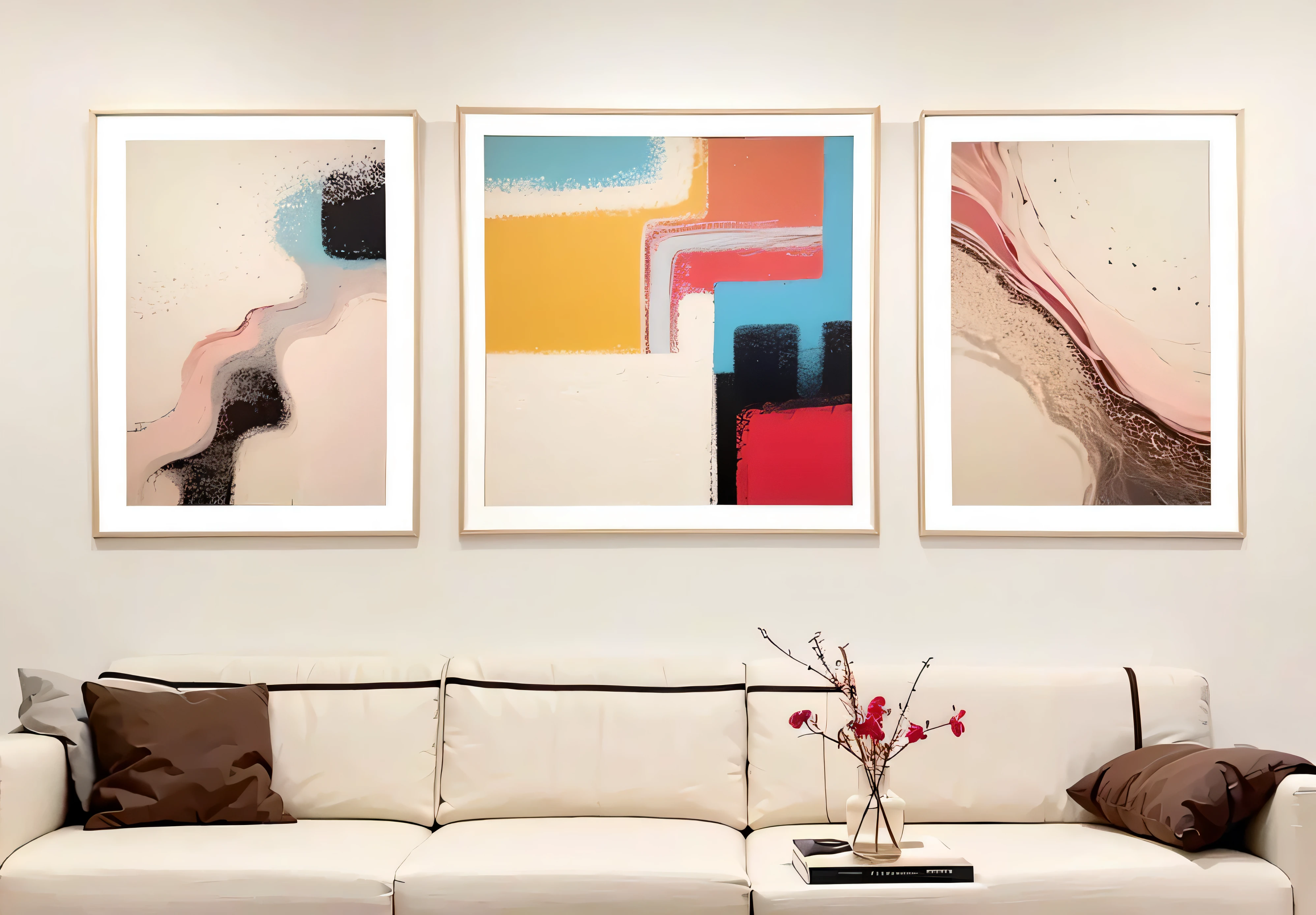 three framed paintings of a living room with a couch and a coffee table, abstract minimalism art painting, clean elegant painting, abstract minimalist painting, pastel simple art, elegant and refined painting, sand - colored walls, abstract liquid acrylic art, ultrafine detailed painting, art decoration, earth tones and soft color 1981, modern art style, high definition art