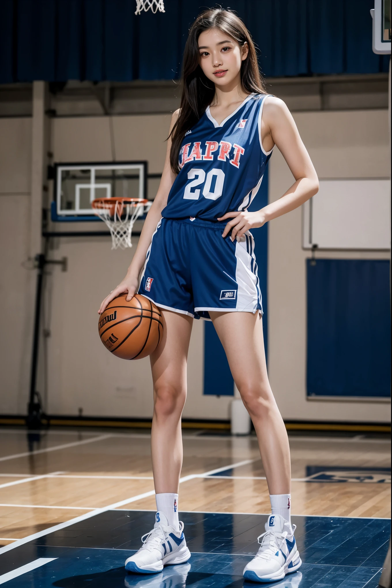 1girl, masterpiece, Best Quality, 4K, 8K, 16K, Photo of a 20-year-old Japan female professional basketball player, boyish face, Basketball Uniform, Smirk, Looking at Viewer, Huge height, Big breasts, cleavage, Long legs, Beautiful face, Realistic skin, Detailed skin, Standing boyish pose, Basketball court, Professional Lighting, full body shot, Blue theme