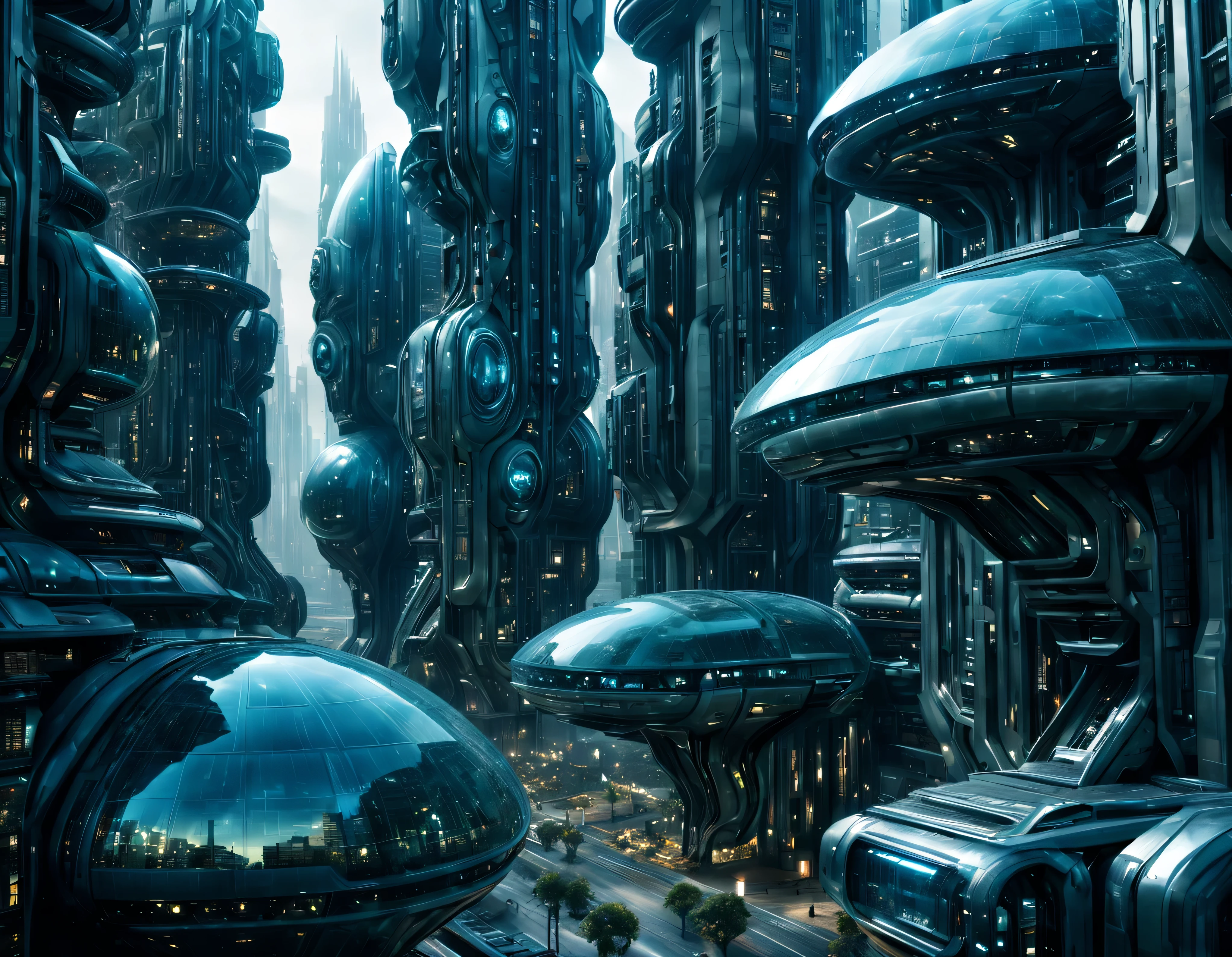 street of an extraterrestrial alien city with futuristic and technological architecture in its metal and glass buildings, some aliens walking around, ventanas iluminadas, all full of imagination, science fiction and (intrincados detalles de la maquina).imagen fotorrealista, Maximum sharpness, calidad 8k.(obra maestra de calidad superior). 3D.