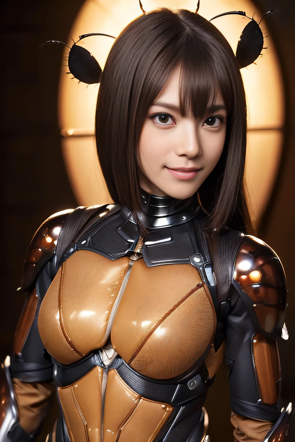 (High resolution,masterpiece,highest quality,Very detailed CG, anime, official art:1.4), realistic, photograph, amazing detail, all complicated, luster and luster,great many layers, 8k wallpaper, 3D, sketch, cute, figure,( alone:1.4), perfect female proportions,villain&#39;s daughter, (Fusion of dark brown cockroach and lady:1.4), (brown cockroach form lady:1.2), (brown cockroach woman:1.2), (Fusion:1.2), (alone:1.4), (evil smile:1.2), muscular, abs, (Cockroach brown exoskeleton bio insect suit:1.4), (Cockroach brown exoskeleton bio insect armor:1.2), (brown transparent cockroach feathers:1.4), (brown cockroach antenna:1.3),