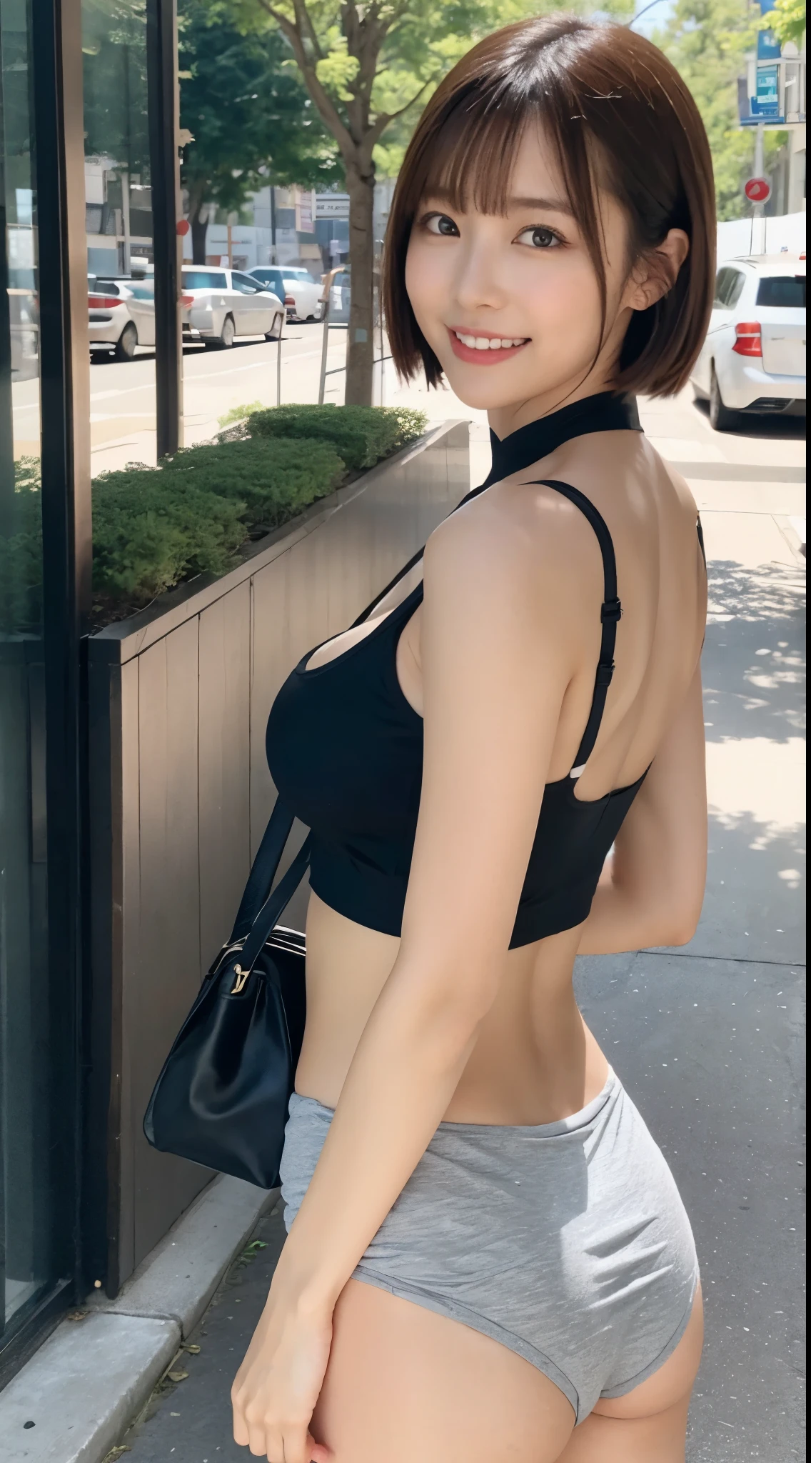 ((8K:1.27)、highest quality、masterpiece、Super high resolution:1.2)picture、picture、japanese women、elegant、Neat、cute、shortcut、laughter、24-years-old、elegant、handsome face、gentle smile、グレイのhalter topと白いスカートを着た女性の接写, Plain color、with short hair, Grey halter top, halter top, halter neck, gray top, big breasts thin waist、chest bulge、Omotesando、street tree、Morning cityscape、fashionable town、walking、Wearing pantyhose、The morning sun is dazzling、big chest、street tree、胸を強調したhalter top、angle from the side、hair blowing in the wind、tote bag、