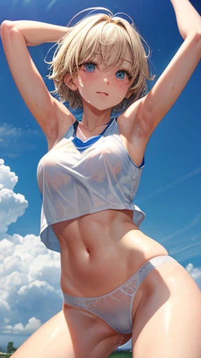 European girl track and field club activities Raise both arms wide Legs apart Running Beautiful girl Blonde Short hair Small breasts Slim Beautiful legs Skin is delicate and beautiful White tank top Tank top is transparent White underwear Underwear is transparent Exposed skin The underside of the chest is visible The clothing is wet The belly button is exposed The whole body is sweaty The hair is wildly messy The hair is wet A shy expression A perspective viewed from directly below Armpit hair cloudy sky
