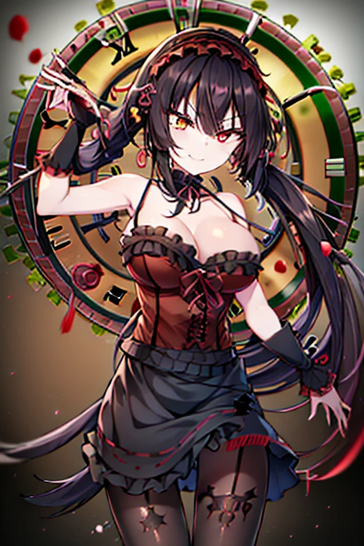 kurumitokisaki, tokisaki kurumi, (clock eyes:1.5), black hair, long hair, twintails, (hair over one eye:1.3), (red eyes:1.5), (big breast:1.4), smug smile, gothic, pantyhose, black pantyhose, (cowboy shot:1.5),(masterpiece:1.2), best quality, high resolution, unity 8k wallpaper, (illustration:0.8), (beautiful detailed eyes:1.6), extremely detailed face, perfect lighting, extremely detailed CG, (perfect hands, perfect anatomy), cute