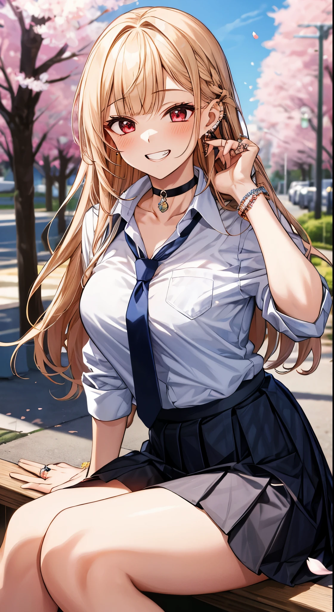 masterpiece, best quality, 1girl, long hair, bored, sitting, feet up, soles, forest bangs, black choker, black necktie, blonde hair, blue skirt, blush, bracelet, breasts, choker, clothes around waist, collarbone, collared shirt, cowboy shot, dress shirt, ear piercing, eyebrows visible through hair, gradient hair, grin, gyaru, jewelry, kogal, long hair, looking at viewer, loose necktie, necktie, piercing, plaid, plaid skirt, pleated skirt, red eyes, ring, school uniform, shirt, skirt, smile, solo, white shirt, street, sky, cherry blossoms, petals, 粉发,(比基尼)