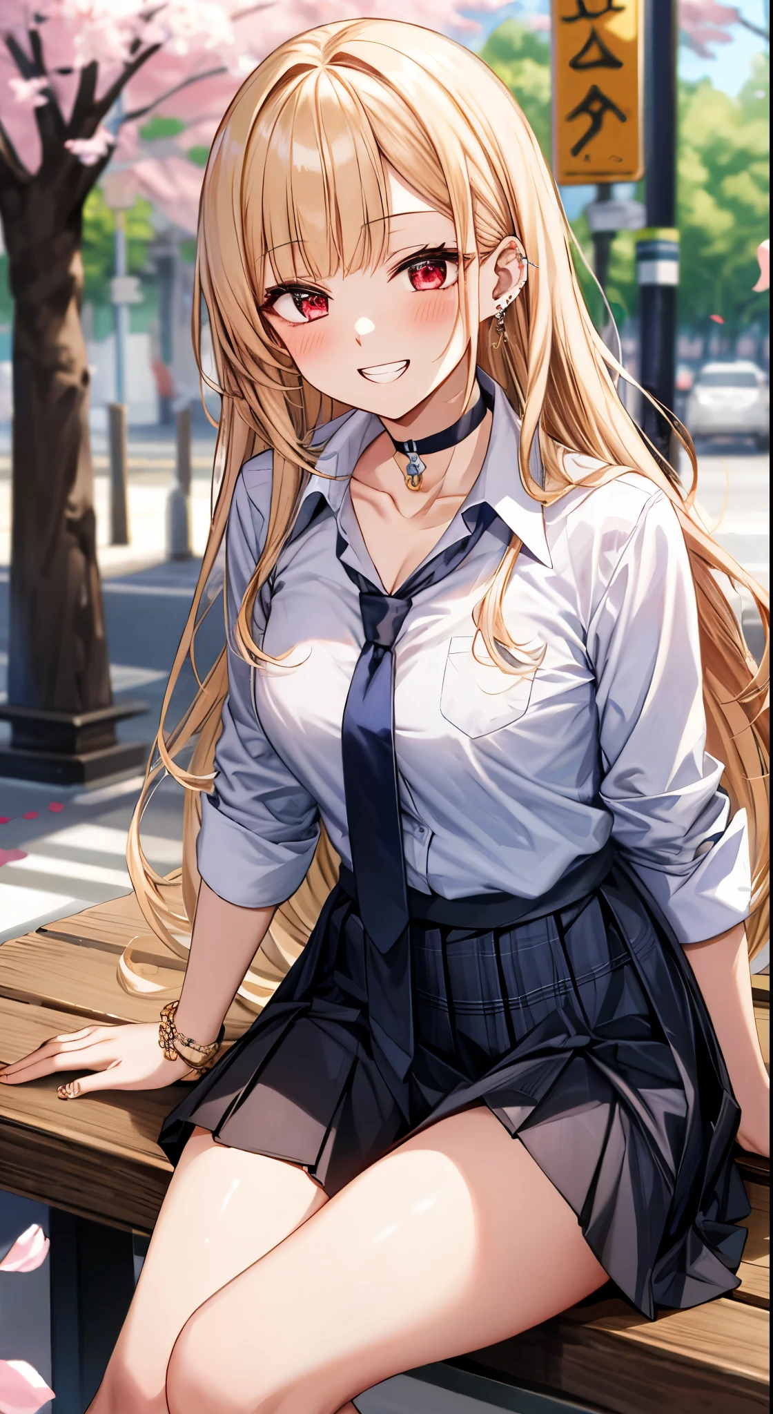 masterpiece, best quality, 1girl, long hair, bored, sitting, feet up, soles, forest bangs, black choker, black necktie, blonde hair, blue skirt, blush, bracelet, breasts, choker, clothes around waist, collarbone, collared shirt, cowboy shot, dress shirt, ear piercing, eyebrows visible through hair, gradient hair, grin, gyaru, jewelry, kogal, long hair, looking at viewer, loose necktie, necktie, piercing, plaid, plaid skirt, pleated skirt, red eyes, ring, school uniform, shirt, skirt, smile, solo, white shirt, street, sky, cherry blossoms, petals, 粉发,(比基尼)