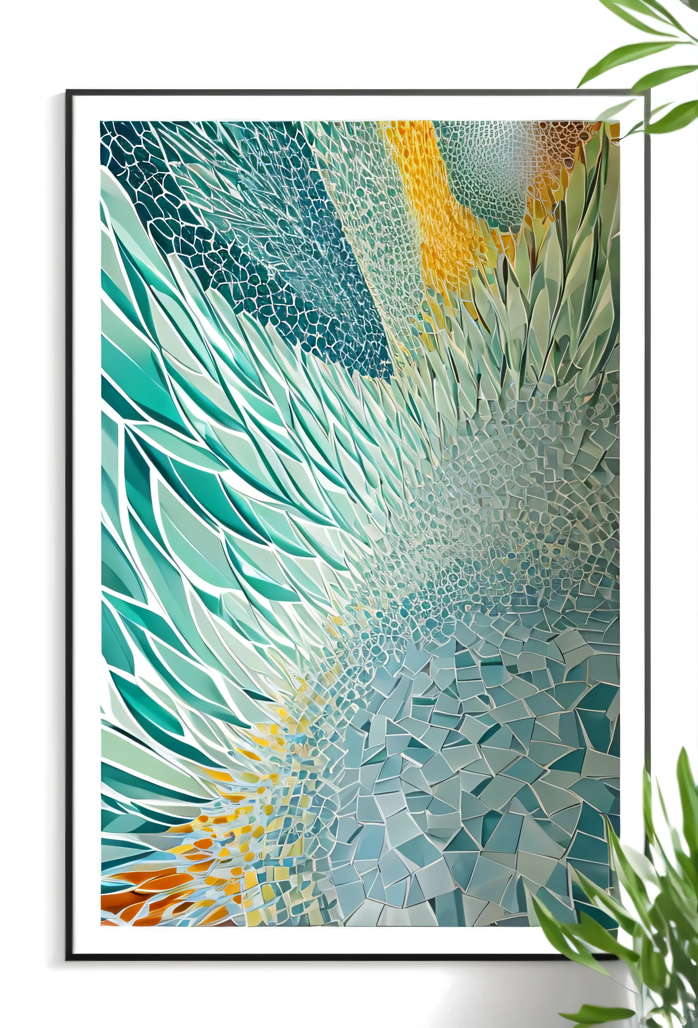 a close up of a chair and a painting on a wall, cell shaded art, abstract geometric art, detailed digital artwork, generative line art, flowing lines, mosaic style, 2 d generative art, geometric abstract art, generative art, trending digital art, art poster, highly detailed generative art, inspired by Gaudi, polygon art, glass mosaic, poster artwork
