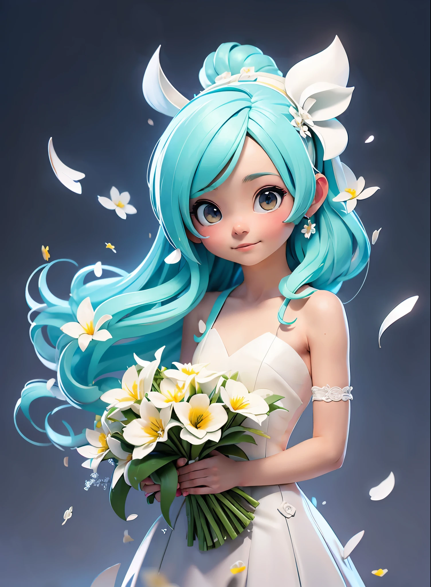 hatsune miku blue hair , Kagamine Rin yellow hair , White Wedding Dresses, long hair, flower hairpin, wedding bouquet wrapped in white paper, hand caressed hair, The effect of falling white petals, lily, big,