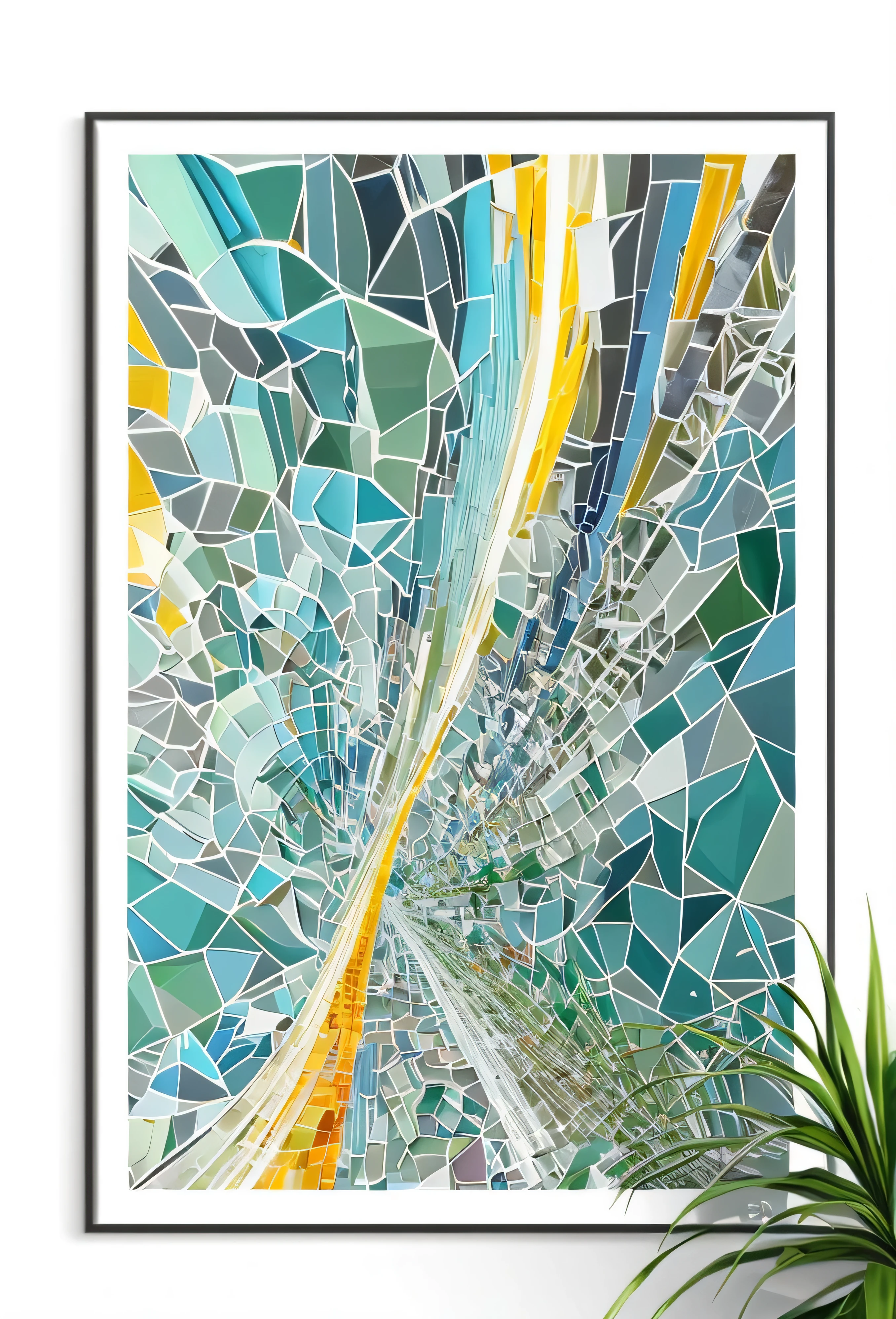 a close up of a chair and a painting on a wall, cell shaded art, abstract geometric art, detailed digital artwork, generative line art, flowing lines, mosaic style, 2 d generative art, geometric abstract art, generative art, trending digital art, art poster, highly detailed generative art, inspired by Gaudi, polygon art, glass mosaic, poster artwork