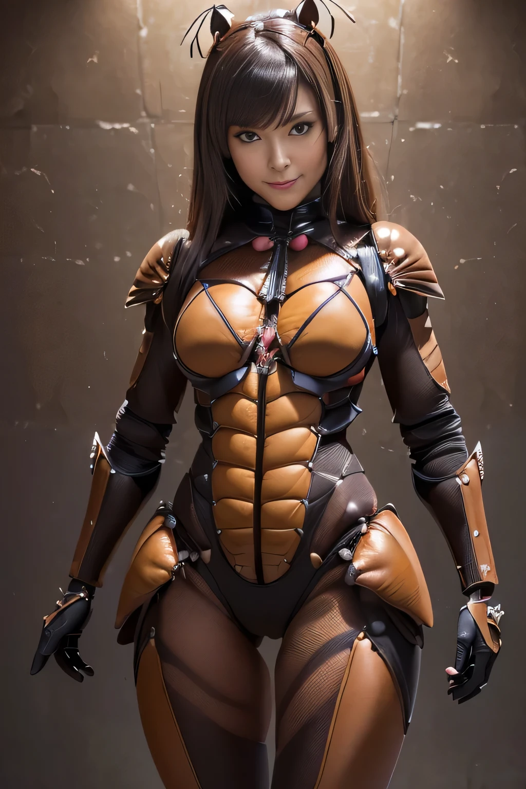 (High resolution,masterpiece,highest quality,Very detailed CG, anime, official art:1.4), realistic, photograph, amazing detail, all complicated, luster and luster,great many layers, 8k wallpaper, 3D, sketch, cute, figure,( alone:1.4), perfect female proportions,villain's daughter, (Fusion of dark brown cockroach and lady:1.4), (brown cockroach form lady:1.2), (brown cockroach woman:1.2), (Fusion:1.2), (alone:1.4), (evil smile:1.2), muscular, abs, (Cockroach brown exoskeleton bio insect suit:1.4), (Cockroach brown exoskeleton bio insect armor:1.2), (brown transparent cockroach feathers:1.4), (brown cockroach antenna:1.3),
