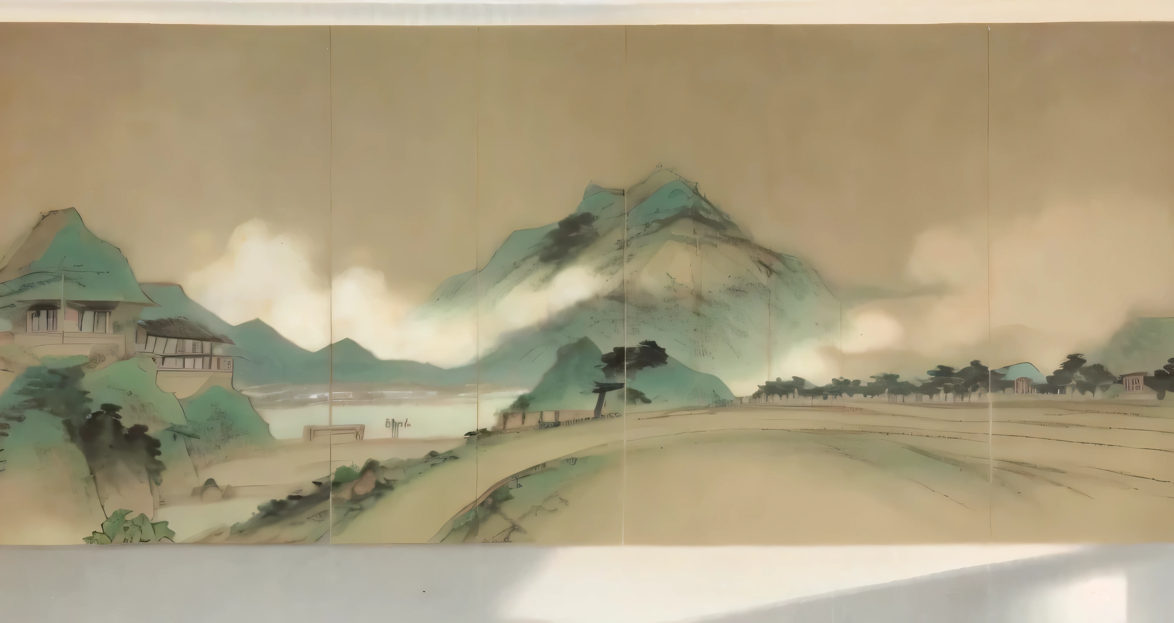 arafed picture of a living room with a couch and a painting, with ancient chinese aesthetic, chinese painting style, wall painting, ancient china art style, chinese style painting, detailed scenery —width 672, beautiful render of tang dynasty, scenery artwork, old chines painting, chinese landscape, mural art, su fu, wall mural, chinese art