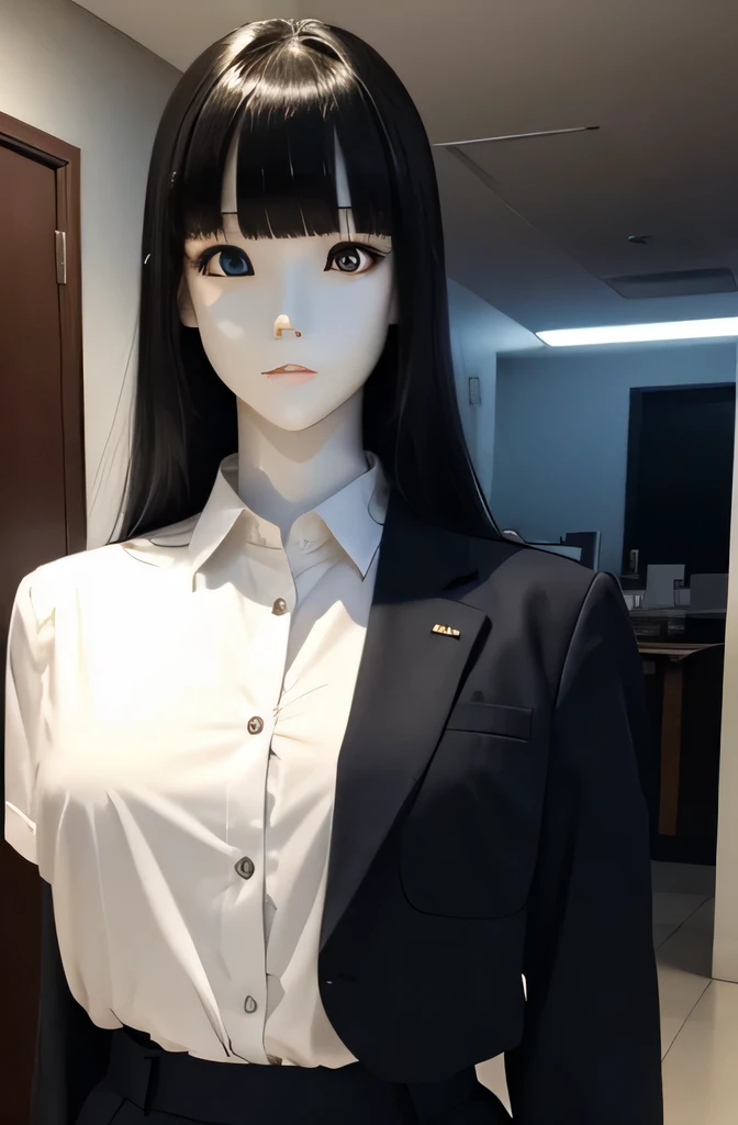 Full body mannequin deep kisses computer screen,that mannequin is beautiful,That mannequin is Erika Ikuta.,That mannequin is 16 years old.,The height of the mannequin is 165cm,mannequin color'my face is white.,mannequin color'The body is pure white.,The mannequin has black hair(bangs),mannequin color'eyes are black.mannequin is wearing a girl'high school uniform.