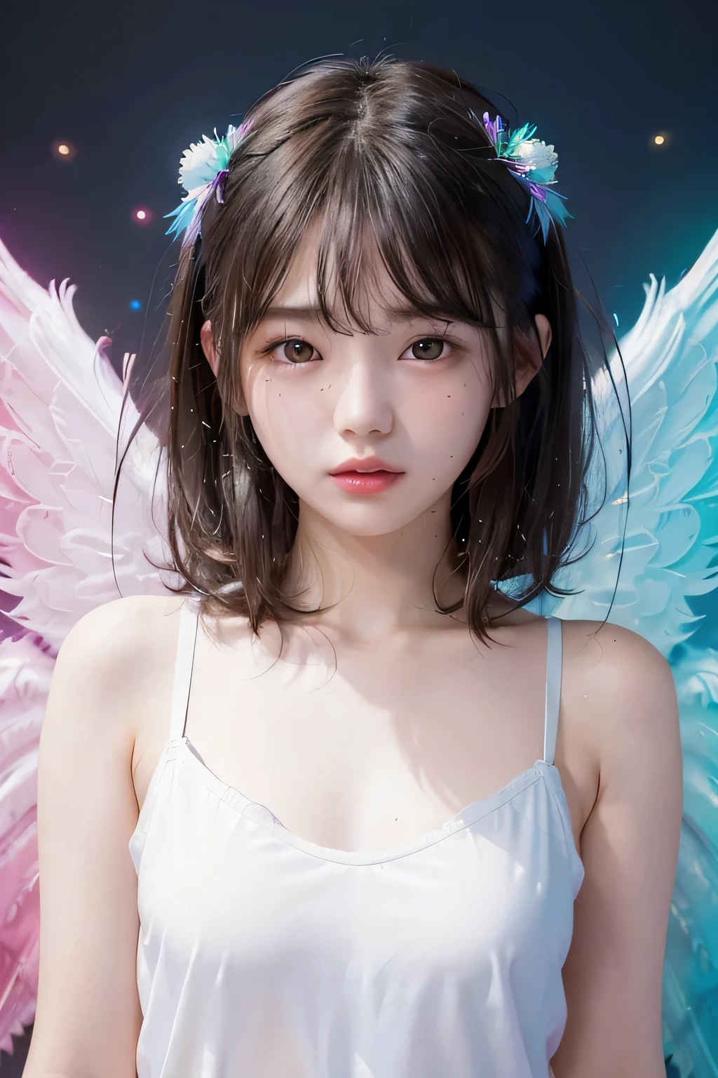 (upper body close-up), portrait, portrait, (alone), masterpiece, highest quality, High contrast in clothes, psychedelic, , particle, bloom, neon lighting, (shine), flat color, splash of color、colors mashing、With a round face、slim、flat body、cute、Sensual Pose、、wear angel wings、White long camisole