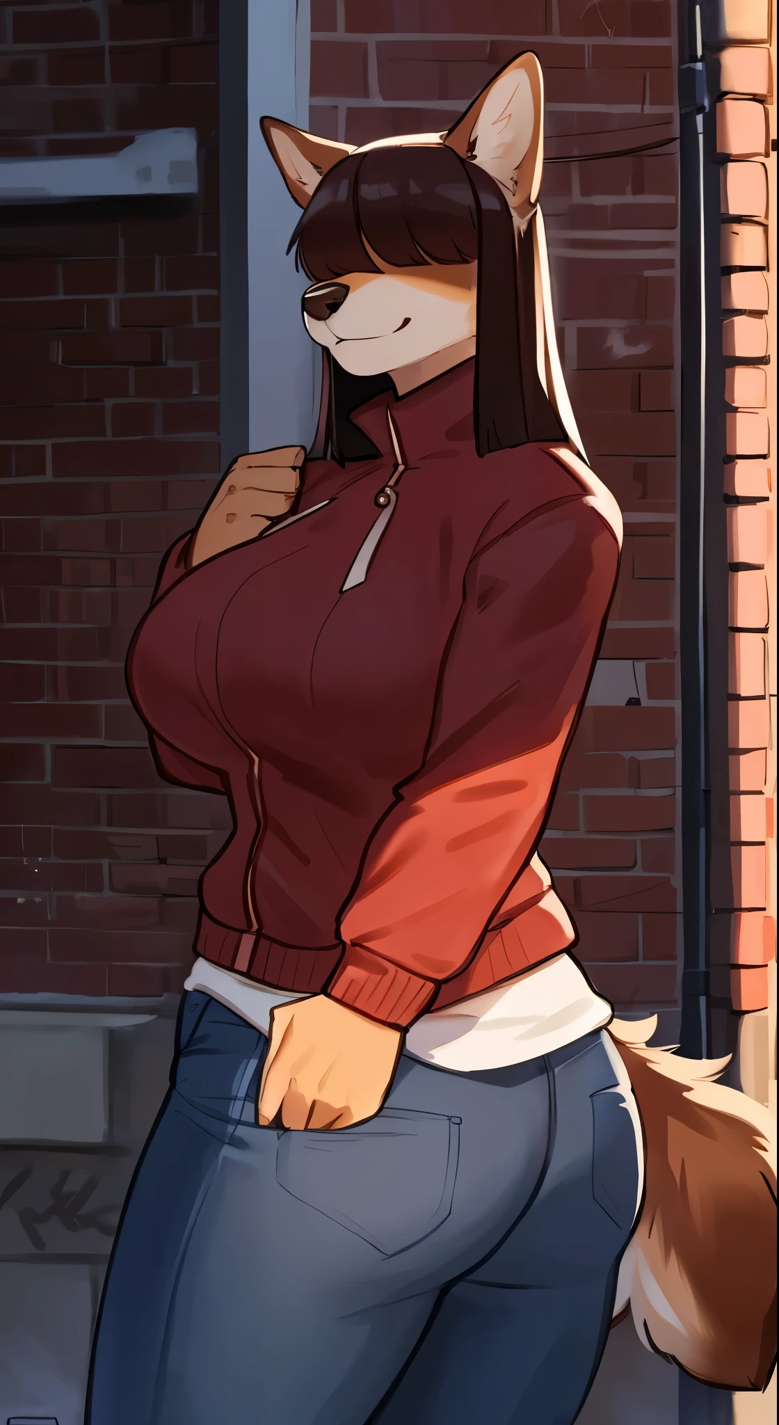 By bebebebebe, by lostgoose, by goonie-san, female, ((canine, snout, hair covering eyes, straight hair, medium hair, flat hair, ears, thin snout, brown fur, big poofy tail)), raised tail, dark maroon hair, muscular, big breasts, red puffer jacket, alleyway, graffiti, plants, brick walls, smiling, looking at viewer, jeans
