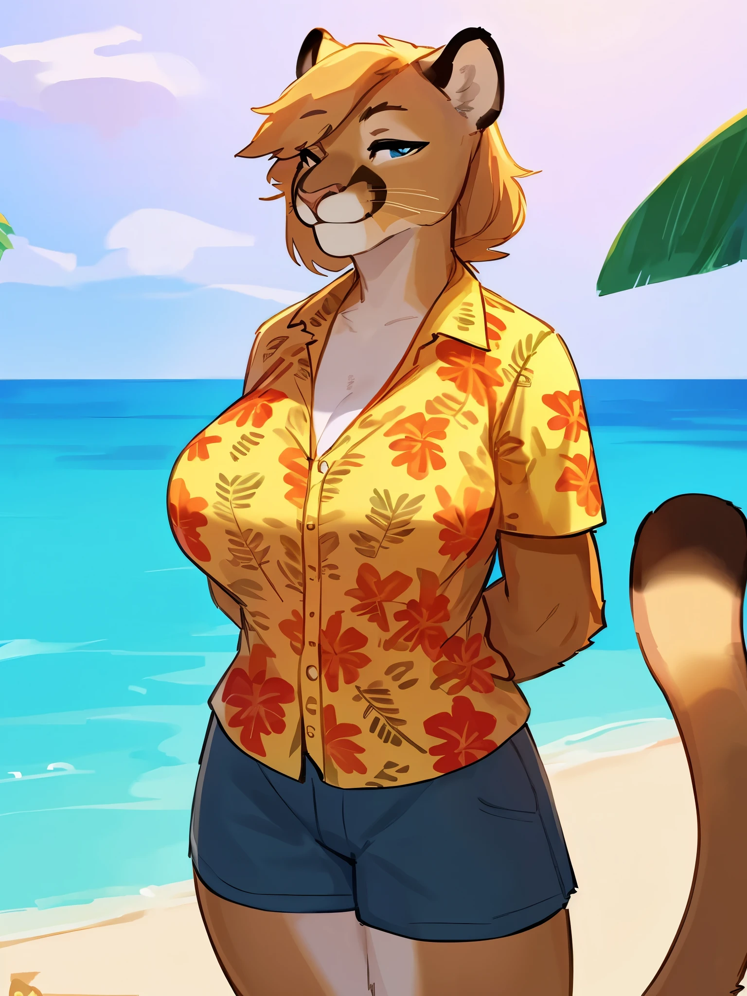 By bebebebebe, by lostgoose, by goonie-san, solo, female, smiling, happy, feline, (((cougar))), big breasts, ((hawaiian shirt)), cargo shorts, standing, in florida, in city, (hair), milf, hands behind back