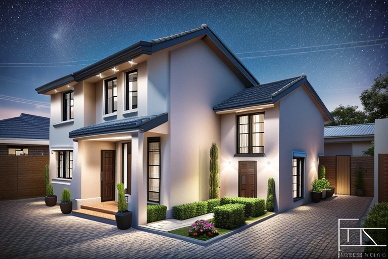 modern townhouse, neoclassical mix, street, driveway, (Logo:1.5 does not appear), modern style, extremely detailed image, masterpiece, surreal, rendered by vray 2023, 8k rendering , hdr, white wall, aluminum glass window, tiled yard, night light, surreal spot light, clouds, starry sky, a few clusters of pretty small flower pots, 8K