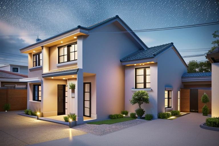 modern townhouse, neoclassical mix, street, driveway, (Logo:1.5 does not appear), modern style, extremely detailed image, masterpiece, surreal, rendered by vray 2023, 8k rendering , hdr, white wall, aluminum glass window, tiled yard, night light, surreal spot light, clouds, starry sky, a few clusters of pretty small flower pots, 8K