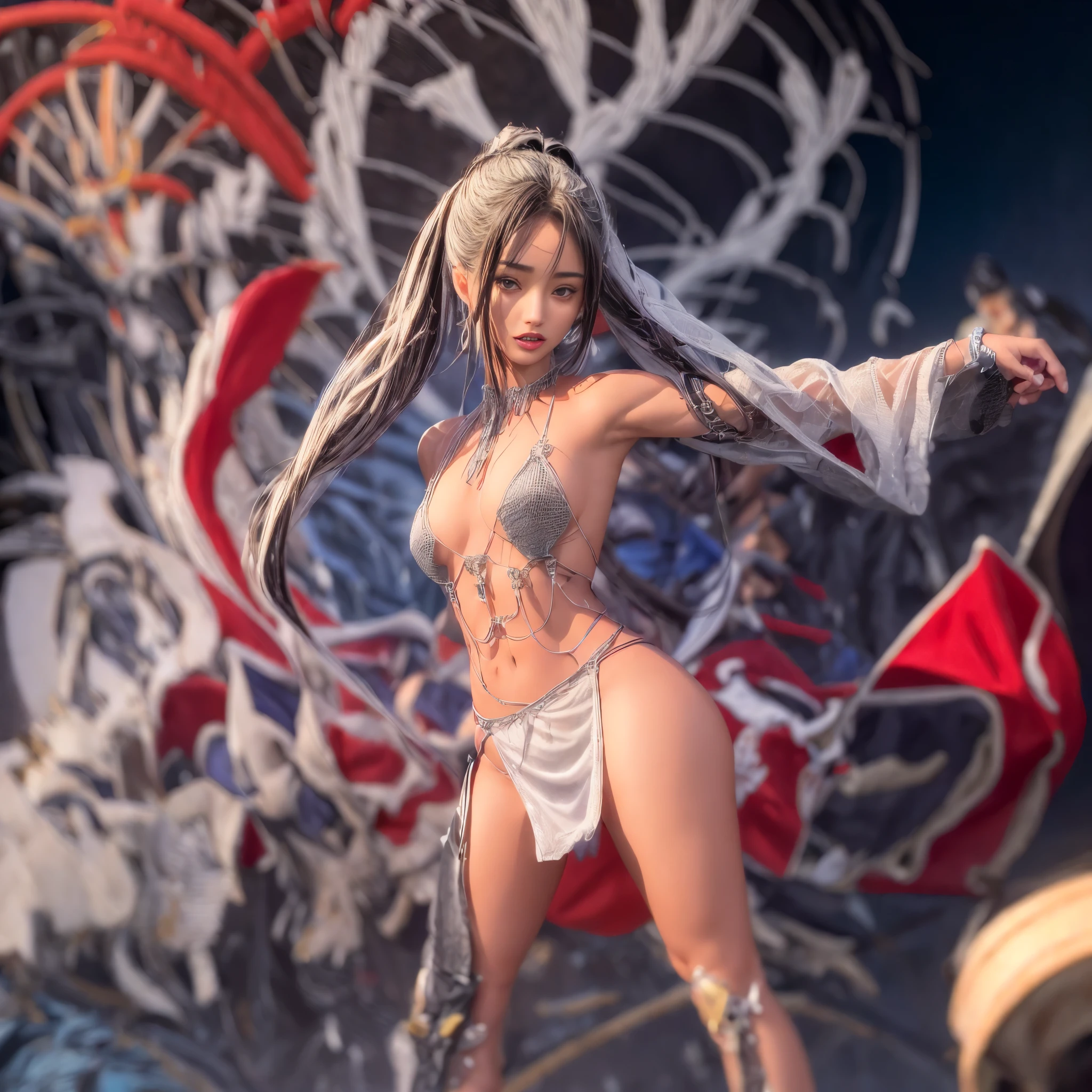((NSFW:-0.9, (nipple:-0.9), Volumetric lighting, Acutance:0.85, White and Red, Mystic sight, (many Dazzling flush lights with lens flares), Luminous Particles, many colorful Lights )) . best quality, (masterpiece:1.3, ((Ultra-Realistic and photorealistic with touch of rawness:1.37)), ultra detailed:1.3) BREAK . (Amazing KAWAII Idols Kicking on stage), ((Extremely detailed (KAWAII face variations)) with joyful expressions), { oiled ivory skin | Overflowing Biomechanical HUGE and HEAVY boob | pretty hips | Exquisitely Chain bikini | Full of flowers covering girl's body | long hair:-0.8 }, { (Visible naked backs with Overflowing sideboob) | ( kicking on stage with Red highheels, large crowd:1.4) } . (((corrected pretty hands))), Whole Body proportions and all limbs are anatomically accurate .