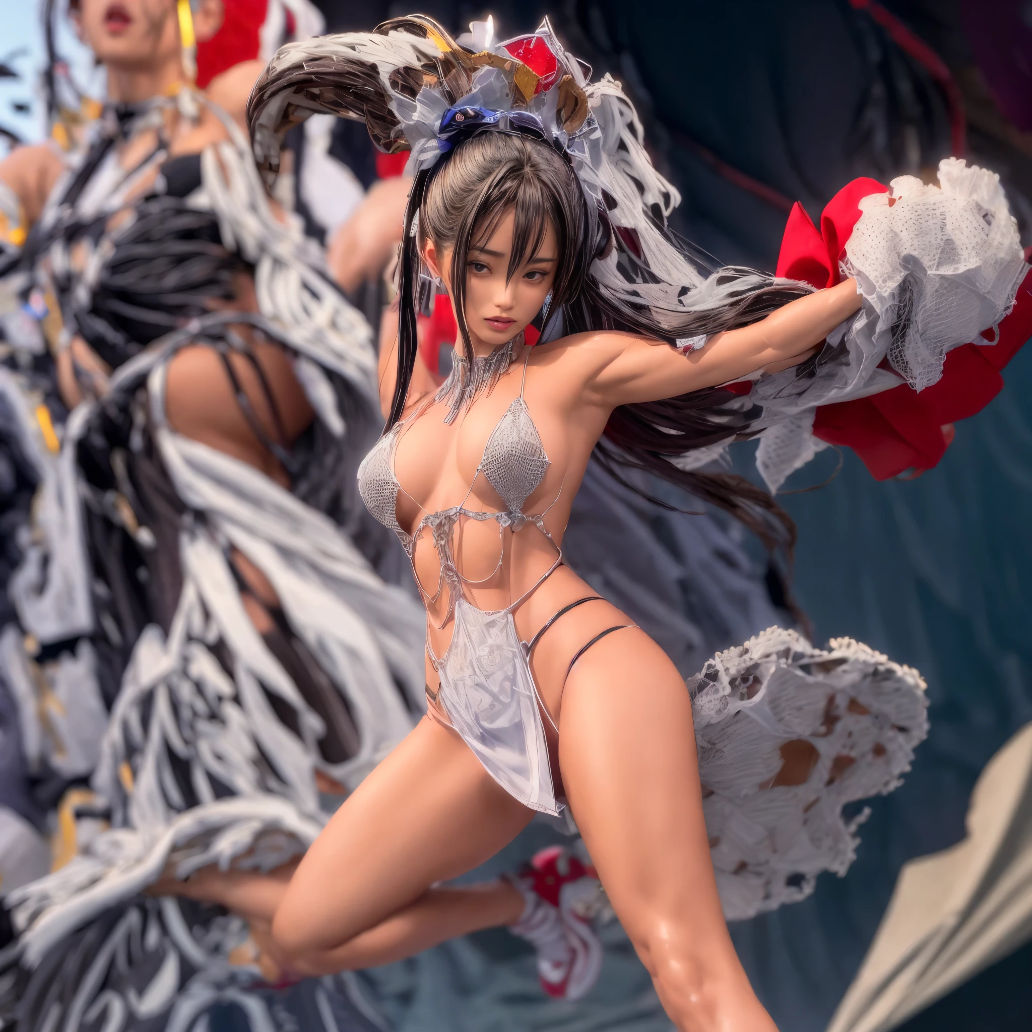 ((NSFW:-0.9, (nipple:-0.9), Volumetric lighting, Acutance:0.85, White and Red, Mystic sight, (many Dazzling flush lights with lens flares), Luminous Particles, many colorful Lights )) . best quality, (masterpiece:1.3, ((Ultra-Realistic and photorealistic with touch of rawness:1.37)), ultra detailed:1.3) BREAK . (Amazing KAWAII Idols Kicking on stage), ((Extremely detailed (KAWAII face variations)) with joyful expressions), { oiled ivory skin | Overflowing Biomechanical HUGE and HEAVY boob | pretty hips | Exquisitely Chain bikini | Full of flowers covering girl's body | long hair:-0.8 }, { (Visible naked backs with Overflowing sideboob) | ( kicking on stage with Red highheels, large crowd:1.4) } . (((corrected pretty hands))), Whole Body proportions and all limbs are anatomically accurate .