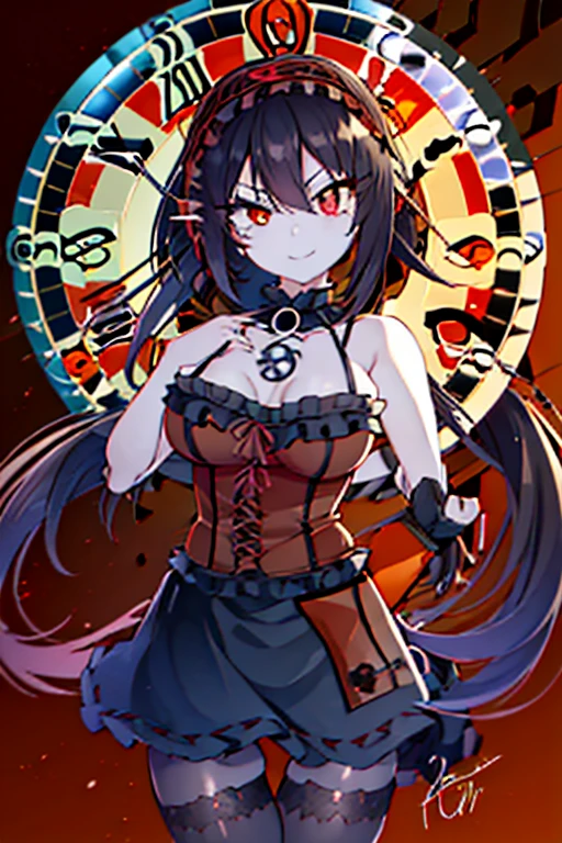 kurumitokisaki, tokisaki kurumi, (clock eyes:1.5), black hair, long hair, twintails, (hair over one eye:1.3), (red eyes:1.5), (big breast:1.4), smug smile, gothic, pantyhose, black pantyhose, (cowboy shot:1.5),(masterpiece:1.2), best quality, high resolution, unity 8k wallpaper, (illustration:0.8), (beautiful detailed eyes:1.6), extremely detailed face, perfect lighting, extremely detailed CG, (perfect hands, perfect anatomy), cute
