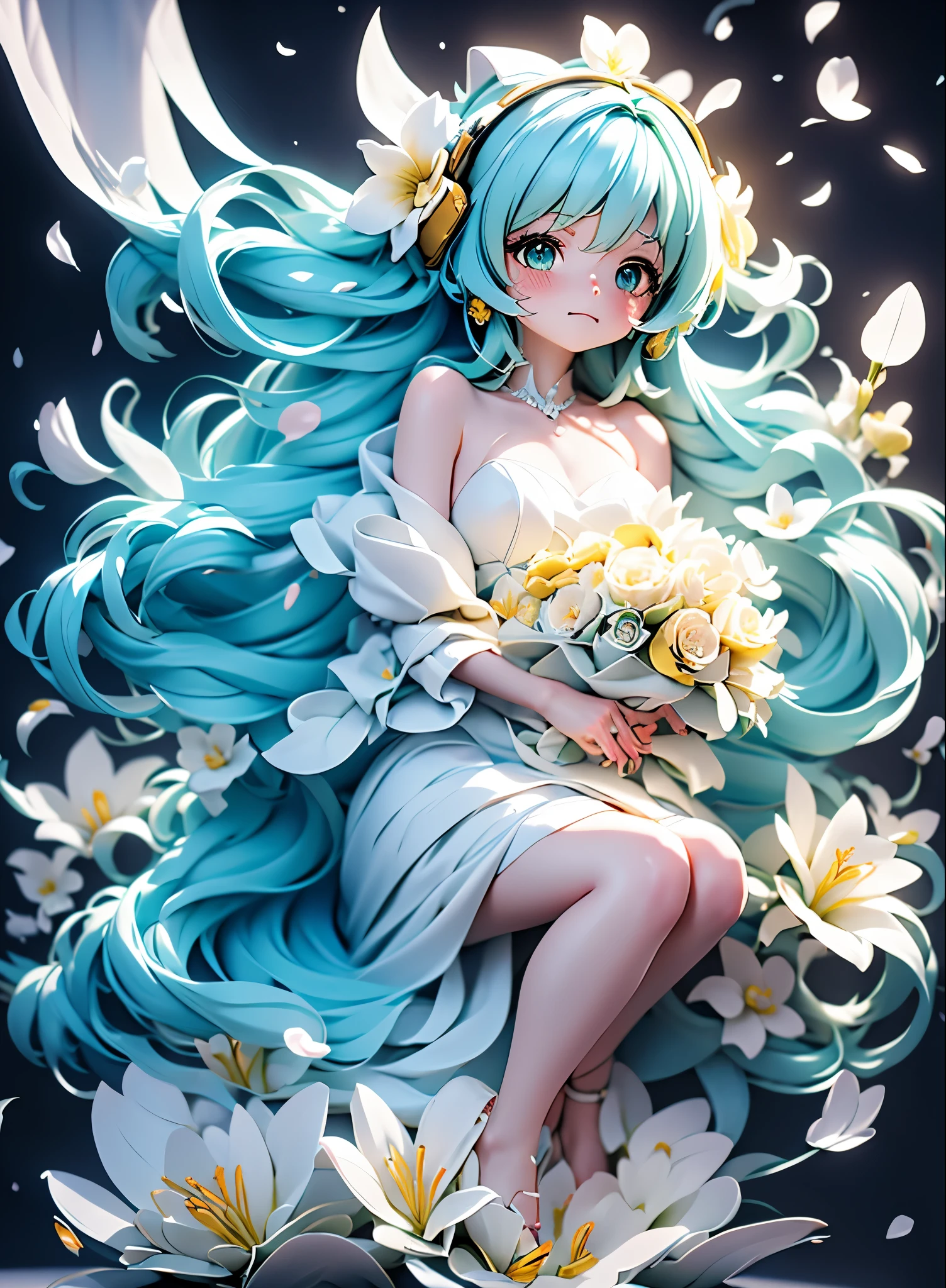 hatsune miku blue hair , Kagamine Rin yellow hair , White Wedding Dresses, long hair, flower hairpin, wedding bouquet wrapped in white paper, hand caressed hair, The effect of falling white petals, lily, big,