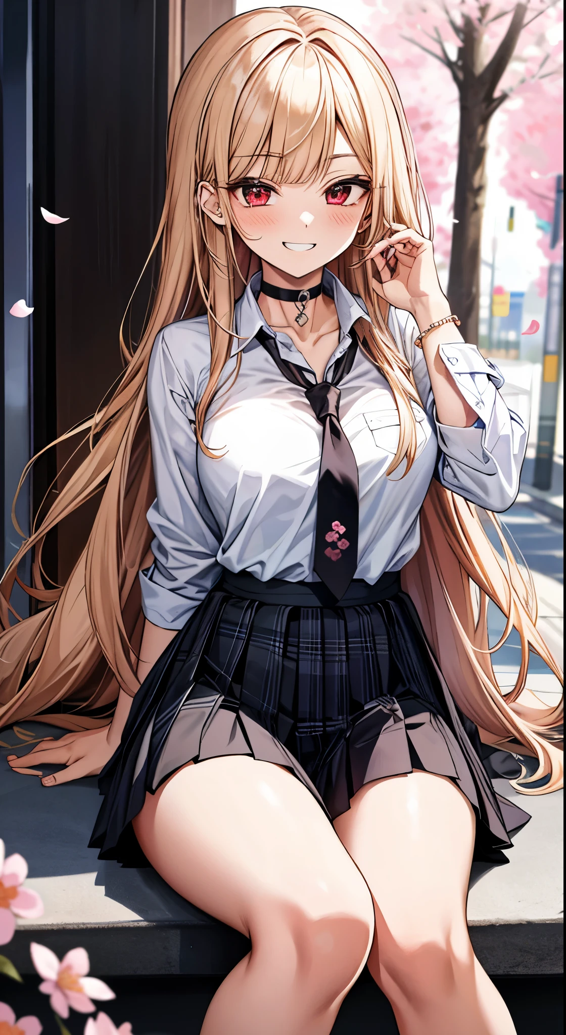 masterpiece, best quality, 1girl, long hair, bored, sitting, feet up, soles, forest bangs, black choker, black necktie, blonde hair, blue skirt, blush, bracelet, breasts, choker, clothes around waist, collarbone, collared shirt, cowboy shot, dress shirt, ear piercing, eyebrows visible through hair, gradient hair, grin, gyaru, jewelry, kogal, long hair, looking at viewer, loose necktie, necktie, piercing, plaid, plaid skirt, pleated skirt, red eyes, ring, school uniform, shirt, skirt, smile, solo, white shirt, street, sky, cherry blossoms, petals, 粉发，（比基尼）