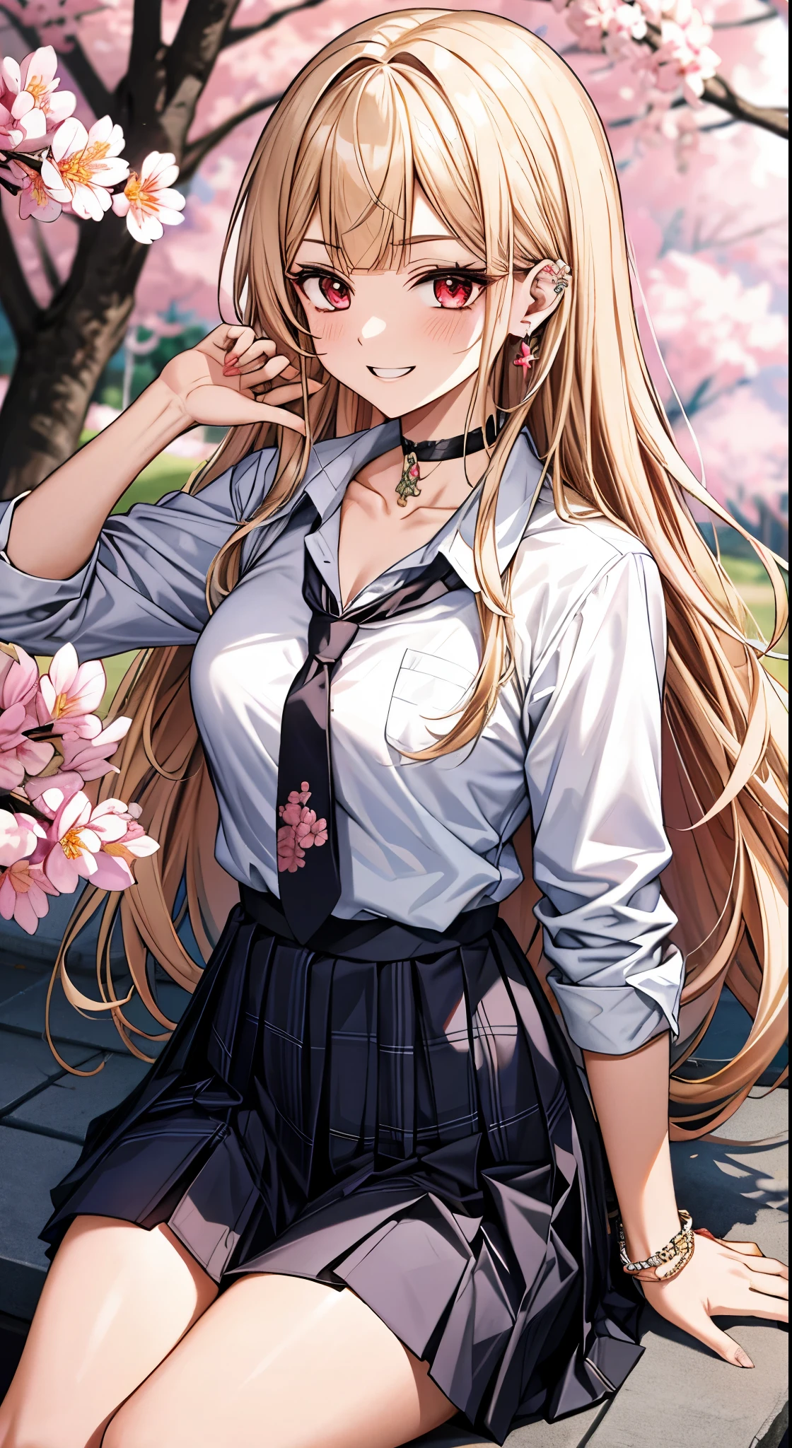 masterpiece, best quality, 1girl, long hair, bored, sitting, feet up, soles, forest bangs, black choker, black necktie, blonde hair, blue skirt, blush, bracelet, breasts, choker, clothes around waist, collarbone, collared shirt, cowboy shot, dress shirt, ear piercing, eyebrows visible through hair, gradient hair, grin, gyaru, jewelry, kogal, long hair, looking at viewer, loose necktie, necktie, piercing, plaid, plaid skirt, pleated skirt, red eyes, ring, school uniform, shirt, skirt, smile, solo, white shirt, street, sky, cherry blossoms, petals, 粉发,(比基尼)