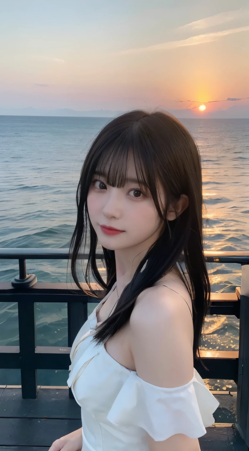 (highest quality,8K,masterpiece:1.3),(Super high resolution,Photoreal:1.4,RAW shooting),(super detailed,caustics,perfect ???????),(highly detailed background,ultra-realistic capture,beautiful detailed eyes),(Stand on the pier above the sea),looked back,buckshot,look at the camera,1 girl,Japanese,20-year-old,cute,A fleeting look,pretty black hair,(long hair fluttering in the wind),white dress,break,beautiful sea,,at dusk,(Akane's Sky),(Big sunset over the horizon:1.1),(Water surface reflecting the setting sun),Backlight,pale light,bust up shot
