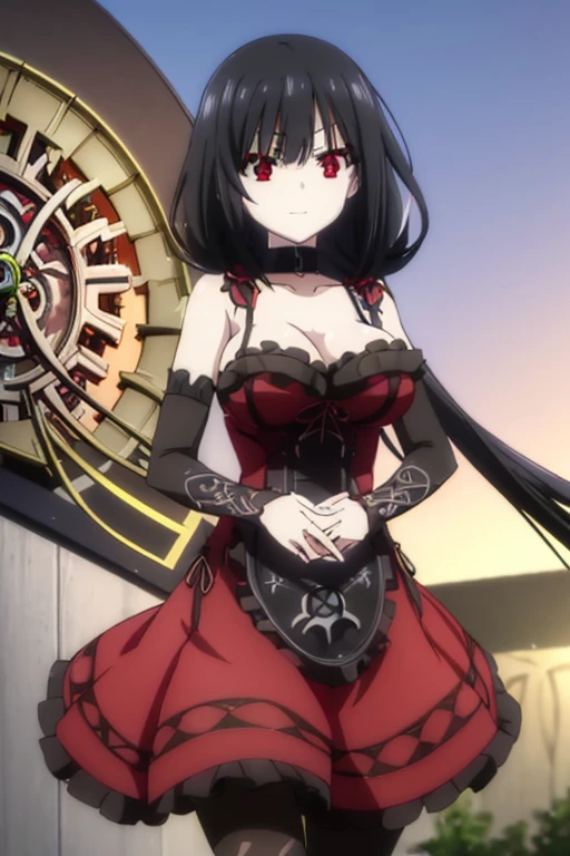 kurumitokisaki, tokisaki kurumi, (clock eyes:1.5), black hair, long hair, twintails, (hair over one eye:1.3), (red eyes:1.5), (big breast:1.4), smug smile, gothic, pantyhose, black pantyhose, (cowboy shot:1.5),(masterpiece:1.2), best quality, high resolution, unity 8k wallpaper, (illustration:0.8), (beautiful detailed eyes:1.6), extremely detailed face, perfect lighting, extremely detailed CG, (perfect hands, perfect anatomy), cute