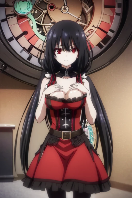 kurumitokisaki, tokisaki kurumi, (clock eyes:1.5), black hair, long hair, twintails, (hair over one eye:1.3), (red eyes:1.5), (big breast:1.4), smug smile, gothic, pantyhose, black pantyhose, (cowboy shot:1.5),(masterpiece:1.2), best quality, high resolution, unity 8k wallpaper, (illustration:0.8), (beautiful detailed eyes:1.6), extremely detailed face, perfect lighting, extremely detailed CG, (perfect hands, perfect anatomy), cute