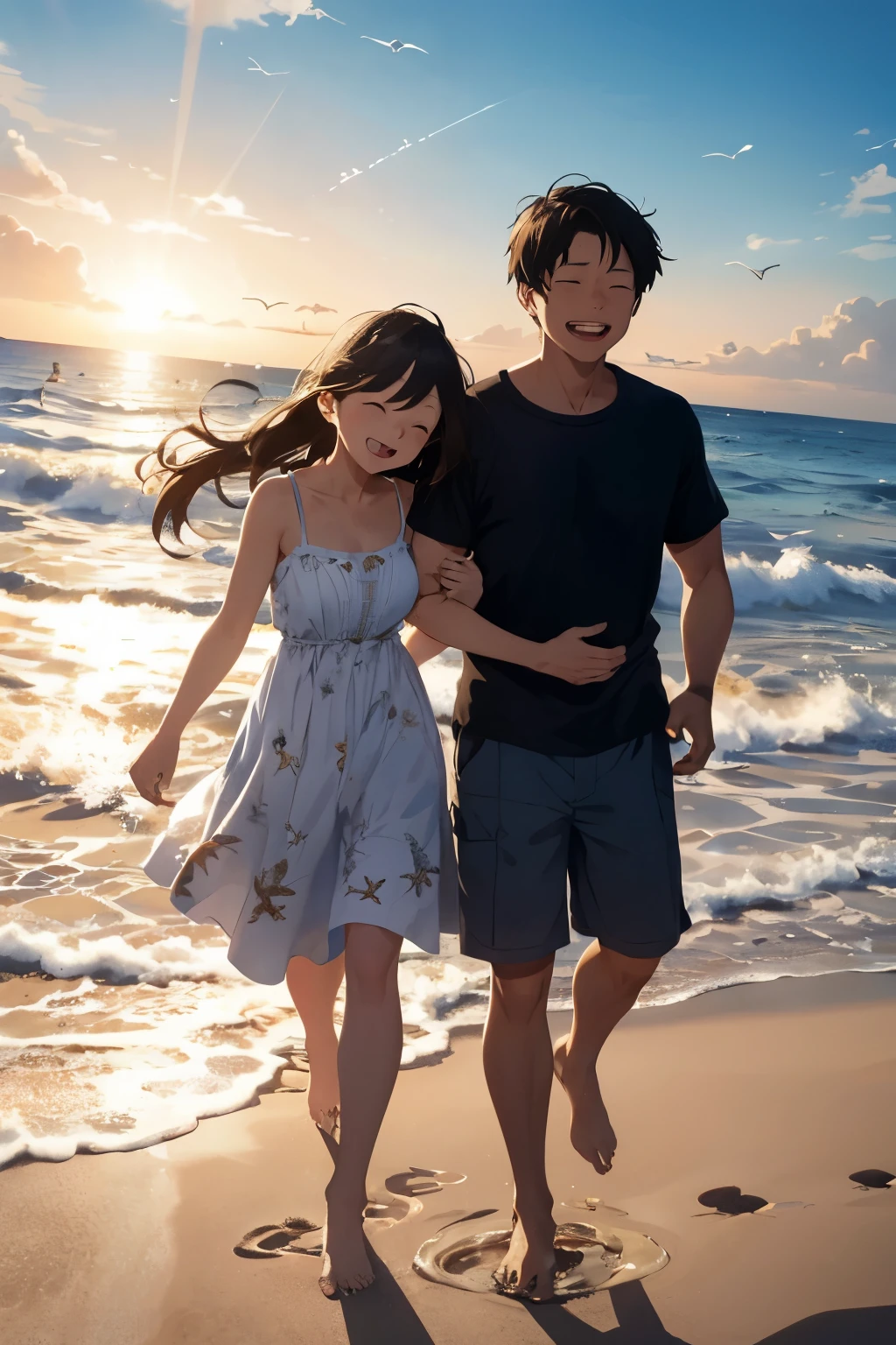 A blissful couple runs hand in hand on the golden sandy beach, their faces radiant with happiness under the warm, high saturation sunlight. The fine details of their faces, with natural wrinkles and sweat glistening on their foreheads, are captured in this realistic style, 4K masterpiece. Each footprint they leave behind is etched in the sand, adding to the energetic and lively atmosphere. Seagulls fly overhead, their sharp silhouettes contrasting against the bright sky. Waves crash onto the shore, leaving a frothy white foam that glimmers in the sunlight. The couple's laughter echoes through the still air, bringing a sense of peace and contentment to