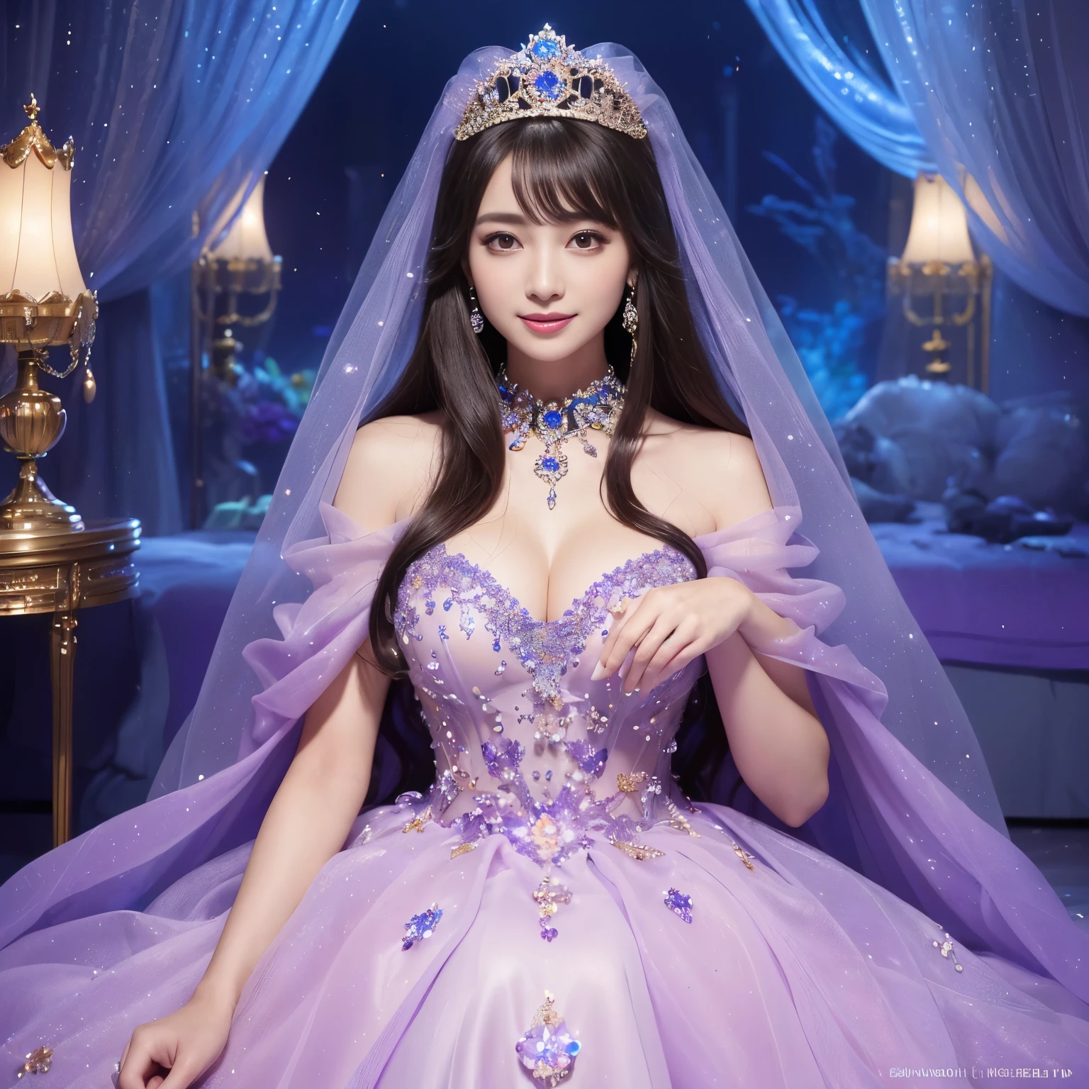 (highest quality、table top、8K、best image quality、hyper realism)、(Mermaid goddess wearing the most extravagant and extravagant finest goddess dress:1.2)、(Mermaid wearing the most extravagant and gorgeous finest goddess dress:1.2)、(The most luxurious and finest transparent sleeve:1.1)、(Sitting on the most luxurious and finest giant bed:1.2)、(upper body photo:1.1)、(The wall of the room is a huge high-quality aquarium:1.2)、(A huge, highly detailed aquarium of the highest quality:1.3)、(Surrounded by a huge aquarium of the highest quality:1.2)、(The most detailed depiction of the most beautiful gigantic aquarium that shines fantastically:1.2)、(最も贅沢で幻想的なSurrounded by a huge aquarium of the highest quality:1.2)、(The most detailed depiction of sea creatures in a huge aquarium:1.2)、(The most fantastic and luxurious princess room that shines brightly:1.2), (There are many beautiful corals and shells in the room.)、(the biggest smile when you look at me:1.2)、Wavy brown hair、Complex, Finely shining scales、(Finest Huge Jewelry Decoration:1.1)、The most gorgeous high-end princess costume、the most luxurious decoration、全身にComplex宝石が施されている、Describe her face in detail、(Perfectly depicts the bright pink and purple scales of a real mermaid:1.2)、very finely drawn scales、Giant tiara、Clear and detailed background、(Everything is a fantastic and glittering background:1.1)、(accurate anatomy:1.1)、(The most luxurious and huge finest jewelry decoration:1.1)