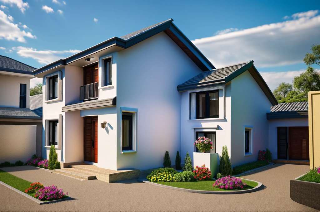 Modern townhouse, combining neoclassical style, street, car running in front of the house, (LoGo:1.5 not appearing), Modern Style, Extremely detailed image, masterpiece, surreal, rendered by vray 2023, 8k rendering, White walls, aluminum glass doors and windows, large yard covered with ceramic tiles, Natural light, cloudy, daytime a few clusters of beautiful small flower pots 8K