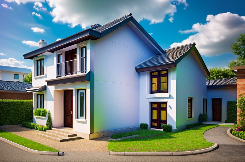 Modern townhouse, combining neoclassical style, street, car running in front of the house, (LoGo:1.5 not appearing), Modern Style, Extremely detailed image, masterpiece, surreal, rendered by vray 2023, 8k rendering, White walls, aluminum glass doors and windows, large yard covered with ceramic tiles, Natural light, cloudy, daytime a few clusters of beautiful small flower pots 8K