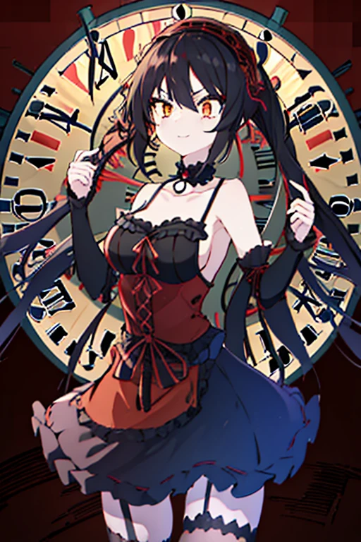 kurumitokisaki, tokisaki kurumi, (clock eyes:1.5), black hair, long hair, twintails, (hair over one eye:1.3), (red eyes:1.5), (big breast:1.4), smug smile, gothic, pantyhose, black pantyhose, (cowboy shot:1.5),(masterpiece:1.2), best quality, high resolution, unity 8k wallpaper, (illustration:0.8), (beautiful detailed eyes:1.6), extremely detailed face, perfect lighting, extremely detailed CG, (perfect hands, perfect anatomy), cute