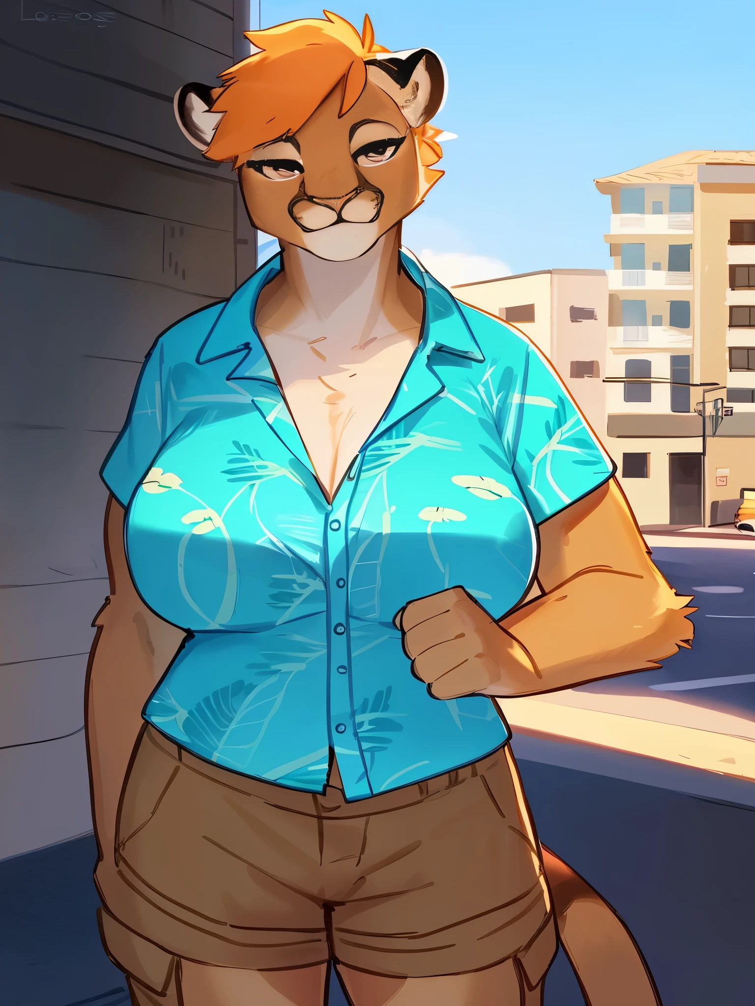 By bebebebebe, by lostgoose, by goonie-san, solo, female, smiling, happy, feline, (((cougar))), big breasts, ((hawaiian shirt)), cargo shorts, standing, in florida, in city, (hair), milf, detailed eyes, (detailed hands, well drawn hands)