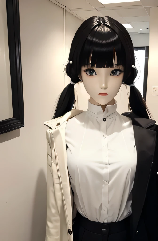 全身mannequinディープキス,そのmannequinは美しいです,あのmannequinは20歳です,mannequinの身長は165cmです,mannequinの色'my face is white.,mannequinの色'The body is pure white.,mannequin has black hair( twin tails,short hair,bangs),mannequin'eyes are black.mannequin is wearing a coat.
