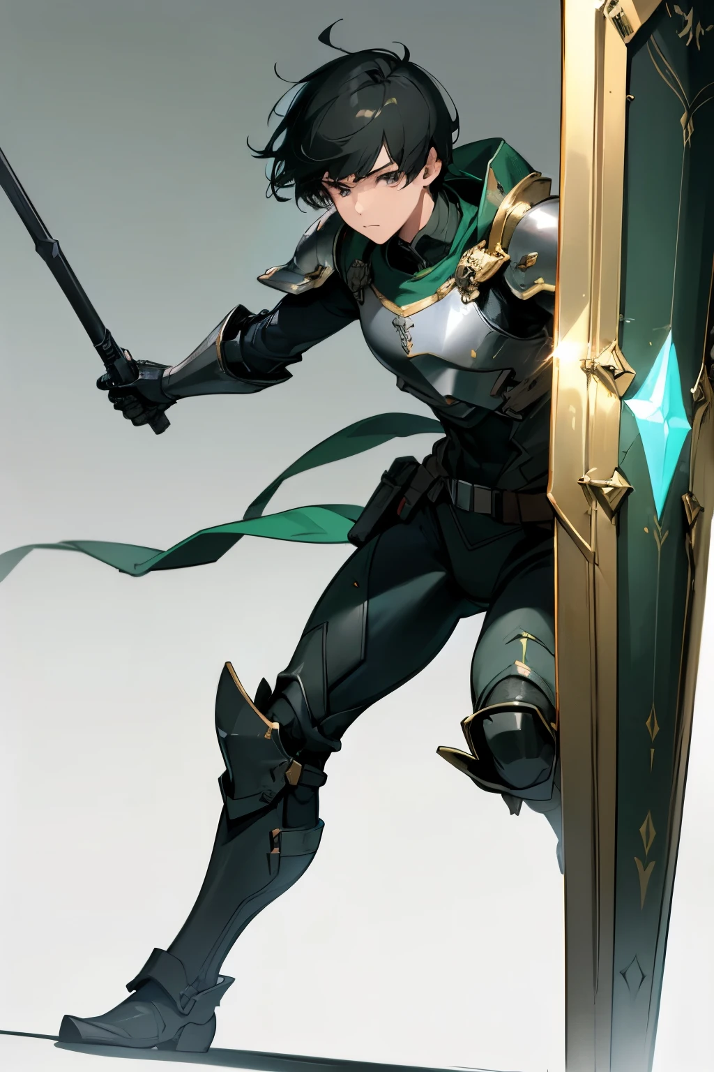 ultra detail high quality wallpaper.1man guardian hero.green Hero 35 year's old male,beautiful face,hero protector,(black hair,short hair,bangs,black almond eyes:1.2)Viewer Viewing,male focus,solo,cyberpunk,joint armor worn over black bodysuit. Armored gear,Armored boots,Breast plate,Green armor,Shoulder armor,Black bodysuit,Gold trim,Ultra details,High quality beautiful hero holding barrier shield,Hero pose,Simple background.
