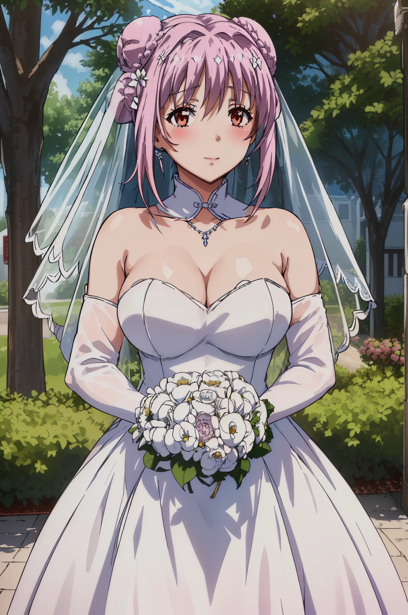high resolution,
Close-up of beautiful bride wearing beautiful wedding dress,Gurwitz,(bridal veil:1.5),(Transparent short veil:1.5),Blushing face,Head flower,headgear,(tube top wedding dress:1.5),(strapless dress:1.2),(Strapless wedding dress:1.5),pure white dress,necklace,earrings,(large breasts:1.3),Bangs,lipstick,(lace gloves:1.3),Half-length photo,High detail RAW color art,Long white dress,
(China Street:1.3),
1 girl, 18 years old, (Long double ponytail:1.5),
(double bun hair:1.5),