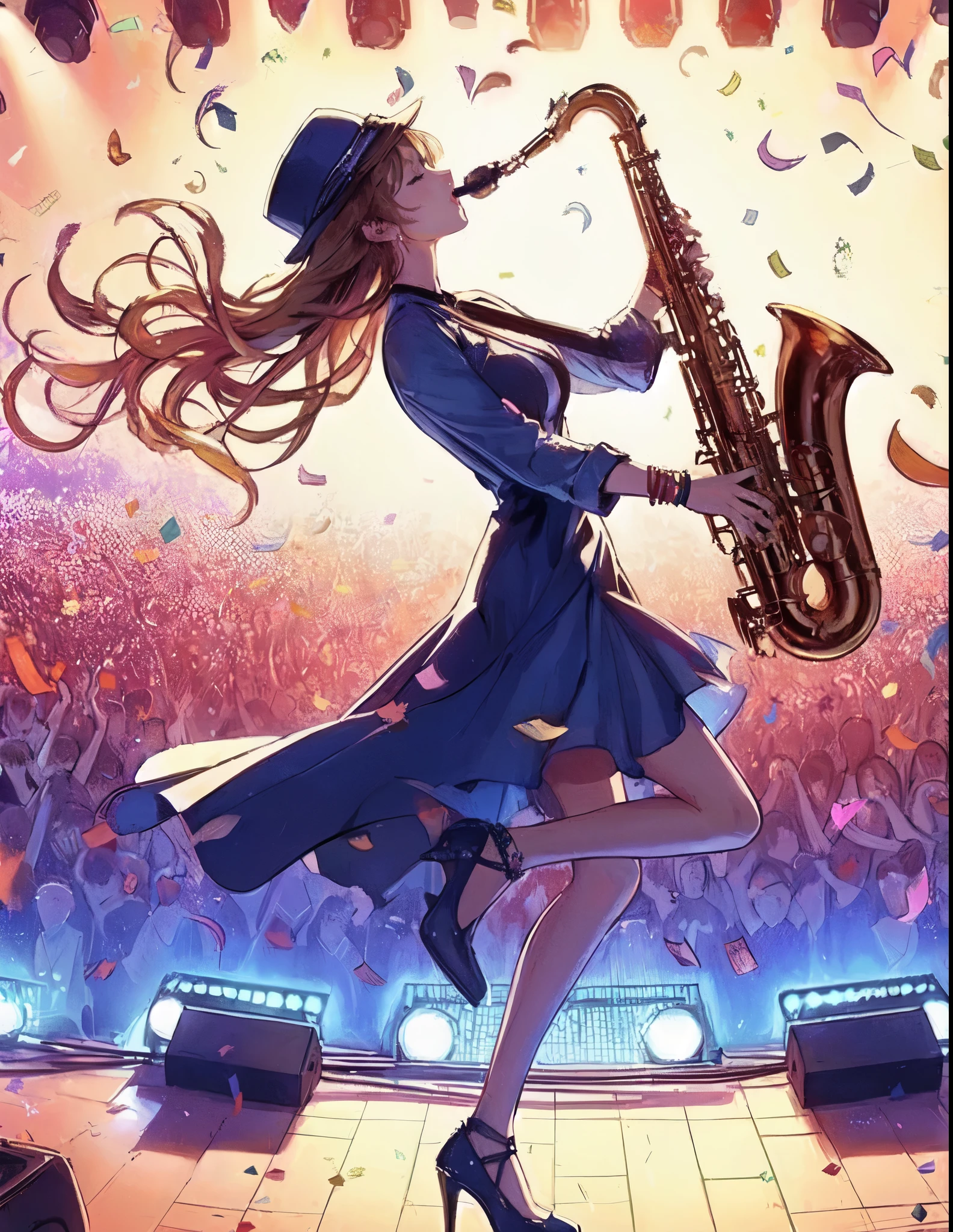 1lady solo, (playing the saxophone), (dynamic posing), (stylish outfit), mature female, /(light brown hair/) bangs, (eyes slightly closed), (holding saxophone in mouth), (masterpiece best quality:1.2) delicate illustration ultra-detailed, large breasts BREAK (colorful confetti:1.2) dancing down BREAK (music stage) indoors, colorful confetti, spotlight, audience, detailed background