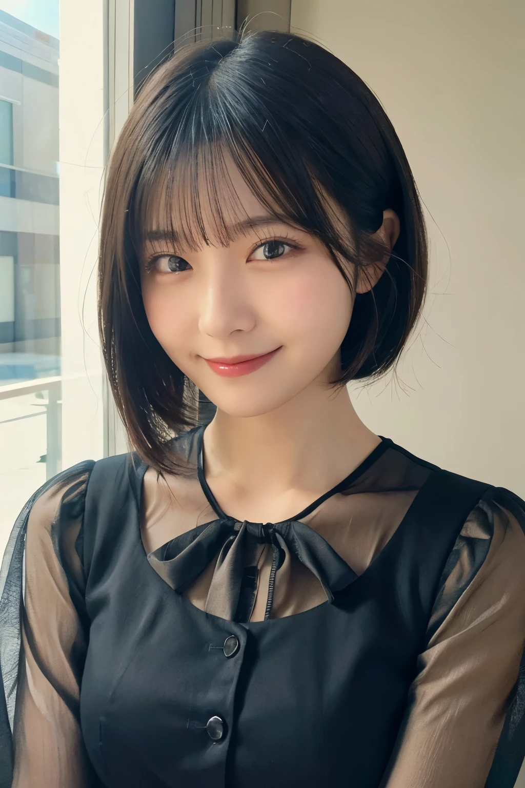 (highest quality,masterpiece:1.3,ultra high resolution),(Super detailed,caustics,8k),(photorealistic:1.4,RAW shooting),Japanese,28 years old,cute,Smiling and looking at the camera,black hair,short hair,duck mouth,natural makeup,big ,white blouse,bust up shot,warm light,Natural light,professional writing